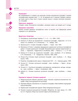 10
Вступ
Поміркуйте
Ви ознайомилися зі схемою, що унаочнює зв’язки економічної географії з іншими
географічними науками (мал. 1, с. 6). Чи вважаєте ви її повною? Наведіть прикла­
ди інших наук (у тому числі з  інших галузей знань), із якими пов’язана економіч­
на географія.
Практичне завдання
Складіть схему «Економічна географія», указавши науки, що входять до її складу.
Працюємо самостійно
Назвіть основні джерела географічних знань та вкажіть, яку інформацію можна
отримати за їх допомогою.
Додаткова література
1.	Географічна енциклопедія України. Т. 1—3.  — К., 1989—1993.
2.	 Голіков А.  П.  Вступ до економічної  і  соціальної географії : підручник  / А.  П. Го­
ліков, Я.  Б. Олійник, А.  В. Степаненко. — К. : Либідь, 1997.
3.	 Жупанський Я. І. Історія географії в  Україні.  — Львів : Світ, 1997.
4.	 Матвієнко В. Етапи і напрямки формування української суспільно-географічної
думки // Історія української географії. Всеукраїнський науково-теоретичний ча­
сопис.  — Тернопіль  : Підручники й  посібники, 2000.  — Випуск 2.  — С. 77—82.
5.	 Олійник Я.  Б.  Вступ до соціальної географії : навч. посібник  / Я.  Б.  Олійник,
А.  В.  Степаненко. — К. : Товариство «Знання», КОО,  2000.
6.	 Пістун М. Д. Основи теорії суспільної географії : навч. посібник.  — К. : Вища
школа, 1996.
7.	Развитие географической науки в Украинской ССР. — К. : Наукова думка, 1990.
8.	 Топчієв  О. Г.  Основи суспільної географії : навч. посібник. — Одеса : Астро­
принт, 2001.
9.	 Топчієв О. Г. Суспільно-географічні дослідження: методологія, методи, методи­
ки  : навч. посібник. — Одеса : Астропринт, 2005.
10.	 Шаблій О. І. Основи загальної суспільної географії : навч. посібник.  — Львів,
2003.
Періодичні видання (інтернет-джерела)
1.	Міжрегіональний збірник наукових праць «Часопис соціально-економічної гео­
графії» (http://www.geograf.com.ua/chseg)
2.	 Науковий збірник «Економічна та соціальна географія» (http://bulletin-esgeograph.
org.ua/index.php)
3.	Український  географічний журнал (http://ukrgeojournal.org.ua/)
4.	Часопис соціально-економічної географії : Міжрегіон. зб. наук. праць // Х. : ХНУ
ім. В. Н. Каразіна (http://soc-econom-region.univer.kharkov.ua/)
 