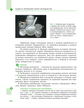 128
Розділ IІІ. Вторинний сектор господарства
Приблизно чверть кольорових металів в  Україні виробляється із
вторинних ресурсів. Підприємства з  їх переробки розміщені у  великих
промислових центрах (Харків, Київ, Одеса).
За рівнем розвитку й  обсягами виробництва кольорова металур-
гія значно поступається чорній. Обладнання багатьох підприємств за-
старіло, що призводить до збільшення витрат палива й електроенергії,
підвищення собівартості продукції. Для цієї промисловості характер-
на велика залежність від зовнішнього ринку: значна частина сировини
надходить із-за кордону, потім переробляється в  Україні й  частково
знову повертається за кордон.
!	 Головне
‹‹ Кольорова металургія — комплексна складова промисловості, яка
включає видобуток, збагачення руди й  виробництво різноманітних ко-
льорових металів та їх сплавів.
‹‹ Особливості технології виробництва кольорових металів пов’я­зані
з  їх низькою концентрацією в  руді та наявністю в  ній кількох металів.
‹‹ Мінерально-сировинна база кольорової металургії в  Україні недо-
статня, і  багато підприємств працюють на привізній сировині або пере-
робляють брухт кольорових металів.
‹‹ Центрами виробництва кольорових металів є Запоріжжя, Мико-
лаїв, Бахмут, Іршанськ, Київ, Побузьке.
Запитання та завдання для самоперевірки
1. Наведіть приклади кольорових металів. Що ви знаєте про властивості окре­
мих із них?  2.  Які чинники впливають на розміщення підприємств кольорової
металургії? Чому?  3. Розкажіть про особливості технології виробництва кольоро­
вих металів.  4.  Де розташовані підприємства з  виробництва глинозему та алю­
мінію? Чому?  5.  Якими є  проблеми розвитку кольорової металургії?
Мал. 4. Алюміній дуже поширений
у  природі. Він легкий та добре підда­
ється формуванню, литтю, механічній
обробці. Алюміній має високу тепло-
та електропровідність, стійкість до
корозії. Вироби з  нього використову­
ються не тільки в  промисловості,
а  й  у  побуті.
 