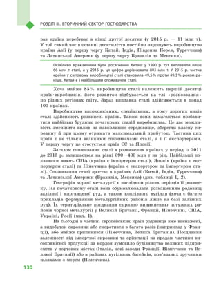 130
Розділ IІІ. Вторинний сектор господарства
раз країна перебуває в  кінці другої десятки (у 2015  р.  — 11  млн т).
У той самий час в останні десятиліття постійно нарощують виробництво
країни Азії (у першу чергу Китай, Індія, Південна Корея, Туреччина)
та Латинської Америки (у першу чергу Бразилія та Мексика).
Особливо вражаючими були досягнення Китаю: у  1990  р. тут виплавили лише
66  млн т  сталі, а  у 2015  р. ця цифра дорівнювала 803  млн т. У  2015  р. частка
країни у  світовому виробництві сталі становила 49,5 % проти 49,3 % роком ра­
ніше. Китай є  і найбільшим споживачем сталі.
Хоча майже 85 % виробництва сталі належить першій десятці
країн-виробників, його розвиток відбувається на тлі «розповзання»
по різних регіонах світу. Зараз виплавка сталі здійснюється в  понад
100  країнах.
Виробництво високоякісних, спеціальних, а  тому дорогих видів
сталі здійснюють розвинені країни. Також вони намагаються позбави-
тися найбільш брудних початкових стадій виробництва. Це дає можли-
вість зменшити вплив на навколишнє середовище, зберегти власну си-
ровину й  при цьому отримати максимальний прибуток. Частина цих
країн є  не тільки великими споживачами сталі, а  і її експортерами.
У  першу чергу це стосується країн ЄС та Японії.
Загалом споживання сталі в  розвинених країнах у  період із 2011
до 2015  р. залишається на рівні 390—400  млн т  на рік. Найбільші по-
казники мають США (країна є  імпортером сталі), Японія (країна є  екс-
портером сталі) та Німеччина (країна є  експортером та імпортером ста-
лі). Споживання сталі зростає в  країнах Азії (Китай, Індія, Туреччина)
та Латинської Америки (Бразилія, Мексика) (див. таблиці 1, 2).
Географія чорної металургії є наслідком різних періодів її розвит­
ку. На початковому етапі вона обумовлювалася розміщенням родовищ
залізної і  марганцевої руд, а  також коксівного вугілля (хоча є  багато
прикладів формування металургійних районів лише на базі залізних
руд). Їх територіальне поєднання сприяло виникненню потужних ра-
йонів чорної металургії у Великій Британії, Франції, Німеччині, США,
Україні, Росії (мал.  1).
На сьогодні в  частині європейських країн родовища вже виснажені,
а видобуток сировини або скоротився в багато разів (наприклад у Фран-
ції), або майже припинився (Німеччина, Велика Британія). Поєднання
залежності від імпортної сировини та орієнтації на продаж частини ви-
сокоякісної продукції за кордон зумовило будівництво великих підпри-
ємств у  портових містах (Італія, нові заводи Франції, Німеччини та Ве-
ликої Британії) або в районах вугільних басейнів, пов’язаних зручними
шляхами з  морем (Німеччина).
 