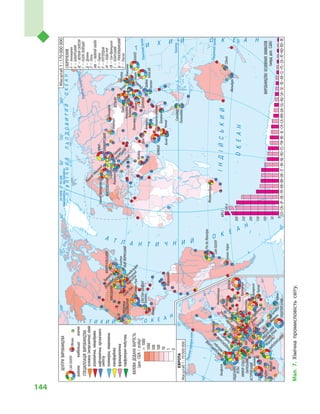 144
Північнийтропік
Південнийтропік
Екватор
Північнеполярнеколо
Північнеполярнеколо
ІНДІЙСЬКИЙ
ОКЕАН
ПІВНІЧНИЙЛЬОДОВИТИЙОКЕАН
А Т Л А Н Т И Ч Н И Й
О К Е А
Н
Т
И Х И Й О К Е А Н
О К Е А Н
Т И Х И Й
насхід
відГринвіча
назахід
відГринвіча
ВАЛОВАДОДАНАВАРТІСТЬ
(дол.США/особу)
ЦЕНТРИВИРОБНИЦТВА
СПЕЦІАЛІЗАЦІЯВИРОБНИЦТВА
районинайбільшізначні
1000
1000
500
100
10
1
0
СКОРОЧЕННЯ
А–Антверпен
Б–БАВАРСЬКИЙ
ВС–ВЕРХНЯСИЛЕЗІЯ
Г–ГАЛЛЕ-ЛЕЙПЦИГ
Д–Далянь
Л–Лілль
НМ–НИЖНІЙМАЙН
П–Порту
Р–РОТТЕРДАМ
РР–РЕЙН-РУР
СФ–Сан-Франциско
Т–ТАТАРСЬКИЙ
Тр–ТРАНСИЛЬВАНСЬКИЙ
У–Ульсан
основна(неорганічна)хімія
агрохімічна,міндобрива
нафтохімічна,органічного
синтезу
полімерна,хімволокна
лакофарбова
фармацевтична
парфумерно-побутова
МехікоСАН-ПАУЛУ
МОНРЕАЛЬСЬКИЙ
НЬЮ-ЙОРКСЬКИЙ
ЧИКАЗЬКИЙ
Х'ЮСТОН-БОМОНТ
ПІВДЕННА
КАЛІФОРНІЯ
САН-ПАУЛУ
МУМБАЇ
БАШКИРСЬКИЙ
ТАТАРСЬКИЙ
МОСКОВСЬКИЙ
УРАЛ
ДОНБАС
ШЕНЬЯН
ШАНХАЙ
КАНТО
КАНСАЙ
ПІВДЕННИЙ
УЕЛЬС
ЛАНКАШИРСЬКИЙ
НМБ
Р
ПАРИЗЬКИЙ
НИЖНЯСЕНА
НИЖНЯРОНА
КАТАЛОНСЬКИЙ
АСТУРІЙСЬКИЙ
СИЦИЛІЙСЬКИЙ
МІЛАНСЬКИЙ
ЛОНДОНСЬКИЙ
Тр
ВС
РР
Г
Торонто
Філадельфія
Детройт
Чарлстон
Річмонд
Бостон
Сент-Луїс
Батон-Руж
СФ
Тампіко
Мехіко
Маракайбо
Буенос-Айрес
Ріо-де-Жанейро
Йоганнесбург
Абадан
Вішакхапатнам
Колката
Делі
ЧеннаїКочін
Палембанг
Сингапур
Бангкок
Сідней
Мельбурн
СамараВолгоград
Санкт-Петербург
Ангарськ
БарнаулВоронеж
НижнійНовгород
Кременчук
Київ
Пекін
Тяньцзінь
Тайюань
ЛаньчжоуНанкін
Тайбей
Гаосюн
Йокогама
Нагоя
Ніїгата
Окаяма
Тояма
Мідлсбро
Белфаст
Дрезден
Гамбург
Ліон
Марсель
Афіни
Мадрид
Більбао
П
Сетубал
Бріндізі
Неаполь
ВенеціяГенуя
Відень
Будапешт
Бухарест
Бургас
Братислава
Прага
Саратов
ДУ
Лодзь
Бидгощ
Варшава
Новополоцьк
Мозир
Гетеборг
ЛА
Масштаб1:170000000
Масштаб1:70000000
0
50
100
150
200
250
300
ВИРОБНИЦТВООСНОВНИХХІМІКАТІВ
(млрддол.США)
USCNJPDEFRKRBRUKITINNLRUESTWBEIECHCAMXUASGAUSASEIDARCLPLZAATNOROIR
689,3
549,4
Мал.7.Хімічнапромисловістьсвіту.
 