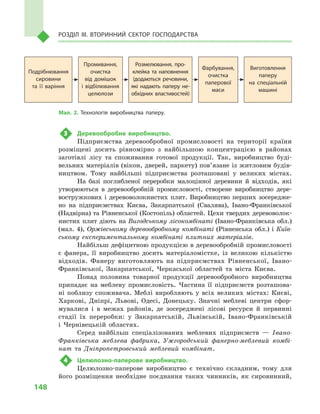 148
Розділ IІІ. Вторинний сектор господарства
3	 Деревообробне виробництво.
Підприємства деревообробної промисловості на території країни
розміщені досить рівномірно з  найбільшою концентрацією в  районах
заготівлі лісу та споживання готової продукції. Так, виробництво буді-
вельних матеріалів (вікон, дверей, паркету) пов’язане із житловим будів-
ництвом. Тому найбільші підприємства розташовані у  великих містах.
На базі поглибленої переробки малоцінної деревини й  відходів, які
утворюються в  деревообробній промисловості, створене виробництво дере-
востружкових і  деревоволокнистих плит. Виробництво перших зосередже-
но на підприємствах Києва, Закарпатської (Свалява), Івано-Франківської
(Надвірна) та Рівненської (Костопіль) областей. Цехи твердих деревоволок-
нистих плит діють на Вигодському лісокомбінаті (Івано-Франківська обл.)
(мал. 4), Оржівському деревообробному комбінаті (Рівненська обл.) і Київ-
ському експериментальному комбінаті плитних матеріалів.
Найбільш дефіцитною продукцією в деревообробній промислово­сті
є  фанера, її виробництво досить матеріаломістке, із великою кількістю
відходів. Фанеру виготовляють на підприємствах Рівненської, Івано-
Франківської, Закарпатської, Черкаської областей та міста Києва.
Понад половина товарної продукції деревообробного виробництва
припадає на меблеву промисловість. Частина її підприємств розташова-
ні поблизу споживача. Меблі виробляють у  всіх великих містах: Києві,
Харкові, Дніпрі, Львові, Одесі, Донецьку. Значні меблеві центри сфор-
мувалися і  в межах районів, де зосереджені лісові ресурси й  первинні
стадії їх переробки: у  Закарпатській, Львівській, Івано-Франківській
і  Чернівецькій областях.
Серед найбільш спеціалізованих меблевих підприємств  — Івано-
Франківська меблева фабрика, Ужгородський фанерно-меблевий комбі-
нат та Дніпропетровський меблевий комбінат.
4	 Целюлозно-паперове виробництво.
Целюлозно-паперове виробництво є  технічно складним, тому для
його розміщення необхідне поєднання таких чинників, як сировинний,
Мал. 2. Технологія виробництва паперу.
Виготовлення
паперу
на спеціальній
машині
Подрібнювання
сировини
та її варіння
Промивання,
очистка
від домішок
і  відбілювання
целюлози
Розмелювання, про­
клейка та наповнення
(додаються речовини,
які надають паперу не­
обхідних властивостей)
Фарбування,
очистка
паперової
маси
 