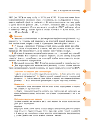 15
Тема 1. Національна економіка
ВНД (за ПКС) на одну особу  — 8178  дол. США. Якщо порівняти із се-
редньосвітовими цифрами, стане очевидним, що найкращими є  показ-
ники в  освітній сфері (за освіченістю Україна випереджає частину країн
із дуже високим рівнем ІЛР). Натомість показник ВНД на одну особу
є  відносно низьким. Серед колишніх республік СРСР найвище місце
в  рейтингу 2015  р. посіли країни Балтії: Естонія  — 30-те  місце, Лит-
ва  — 37-ме, Латвія  — 46-те.
!	 Головне
‹‹ Національна економіка — це історично сформована сукупність під-
приємств та установ, які працюють на території певної держави з  ме-
тою задоволення потреб людей і  підвищення їхнього рівня життя.
‹‹ У складі економіки (господарства) взаємодіють різні виробни-
цтва. Це групи підприємств і  установ, які випускають однорідні види
продукції або спеціалізуються на наданні однотипних послуг.
‹‹ Основний показник економічного розвитку — валовий внутрішній
продукт (ВВП). Він виражає сукупну вартість усього обсягу кінцевих
товарів і  послуг, вироблених на території країни незалежно від націо-
нальної належності підприємств.
‹‹ Загальний показник ВВП України, розрахований у гривні, зростає.
‹‹ Для характеристики економічного розвитку і  якості життя найчас-
тіше використовують такий показник, як індекс людського розвитку (ІЛР).
Запитання та завдання для самоперевірки
1. Дайте визначення поняття «національна економіка».  2. Якою діяльністю може
займатися підприємство?  3.  Назвіть основні складові поняття «економічний
розвиток».  4. Поясніть використання ВВП як основного показника економічного
розвитку.  5.  Як і  з якою метою розраховується індекс людського розвитку?
Поміркуйте
1.  Чому більш точне визначення ВВП пов’язано з  його розрахунками за парите­
том купівельної спроможності?
2. Зберіть і проаналізуйте дані та висловіть своє ставлення до дій керівництва ад­
міністрації вашого району (населеного пункту) щодо покращення якості життя на­
селення.
Набуваємо практичних навичок
Чи замислювалися ви про якість життя своєї родини? Які заходи треба запрова­
дити для її покращення?
Порадник
Покращити якість життя можна не лише завдяки економічній діяльності (напри­
клад створення підприємств, для яких є  відповідні умови у  вашій місцевості),
а  й  увагою до екологічного стану довкілля, налагодженням взаємовідносин
у  родині (деякі із цих заходів можете здійснити і  ви самі).
 