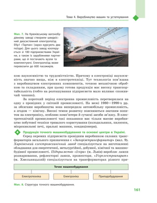 161
Тема 4. Виробництво машин та устаткування
кою наукоємністю та трудомісткістю. Причому в  електроніці наукоєм-
ність значно вища, ніж в  електротехніці. Тут технологія пов’язана
з  виробництвом електронних компонентів, точною механічною оброб-
кою та складанням, при цьому готова продукція має високу транспор-
табельність (тобто на розташування підприємств мало впливає спожив-
чий чинник).
За короткий період електронна промисловість перетворилася на
одну з  провідних у  світовій промисловості. На межі 1980—1990-х рр.
за обсягами виробництва вона випередила автомобільну промисловість,
а  згодом  — хімічну. Високі темпи розвитку пояснюються знач­
ним попи-
том на електроніку, особливо комп’ютери й сучасні засоби зв’язку. В елек-
тротехнічній промисловості такі показники має тільки масове виробни-
цтво побутової техніки тривалого користування (холодильники, пилососи,
мікрохвильові печі, пральні машини, кондиціонери).
4	 Продукція точного машинобудування та основні центри в  Україні.
Серед окремих підприємств провідним виробником силових транс-
форматорів загального призначення є «Запоріжтрансформатор» (мал. 9).
Харківський електромеханічний завод спеціалізується на виготовленні
обладнання для енергетичної, металургійної, добувної, хімічної та машино-
будівної промисловості. Підприємство «Іскра» (м. Львів) виробляє лампи
розжарювання, рефлекторні лампи, прожектори. «Укрелектро­апарат»
(м.  Хмельницький) спеціалізується на трансформаторах різного при-
Мал. 7. На Крюківському вагонобу­
дівному заводі створили швидкіс­
ний двосистемний електропоїзд
ЕКр1 «Тарпан» (зараз курсують два
поїзди). Для цього завод кооперу­
ється зі 180  підприємствами Украї­
ни, а  також із зарубіжними партне­
рами, що й  постачають вузли та
комплектуючі. Електропоїзд може
перевозити до 600  пасажирів.
Мал. 8. Структура точного машинобудування.
Точне машинобудування
Електротехніка Електроніка Приладобудування
 