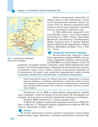 212
Розділ IV. Третинний сектор господарства
Берлін
Гельсінкі
Гданськ
Варшава
Вроцлав
Бухарест
Будапешт
Стамбул
Салоніки
Софія
Скоп’є
Белград
Сараєво
Любляна
Загреб
Тірана
Венеція
Зальцбург
Відень
Грац
Братислава
Прага
Нюрнберг
Дрезден
Нижній
НовгородСанкт-Петербург
Москва
Талін
Рига
Вільнюс
Мінськ
Калінінград
Київ
Львів
ОдесаКишинів
VII
V
V
III
II
II
IX
IX
IX
IX
IX
I
I
VI
VI
IV
IV
X VIII
Багато міжнародних аеропортів за-
ймають великі площі (наприклад, лондон-
ський міжнародний аеропорт Хітроу має
площу 1141  га). Навколо аеропортів розмі-
щуються центри обслуговування, вантажні
склади, пасажирські термінали тощо.
Зі 100  найбільших аеропортів світу
(пасажирообіг понад 1  млн осіб) половина
розташована в  США: Чикаго, Нью-Йорк,
Вашингтон, Лос-Анджелес, Сан-Франциско,
Маямі, Гонолулу тощо. У  країнах Західної
Європи найбільшими аеропортами є Париж,
Лондон, Франкфурт-на-Майні, Рим, у  Япо-
нії  — Токіо.
4	 Міжнародні транспортні коридори.
Ви вже знаєте про «критські» міжна-
родні транспортні коридори (МТК), які про-
ходять територією України, а також програ-
му ТРАСЕКА, що з’єднує Європу з Азією. ЄС
продовжує реалізацію проекту створення єдиної Транс’євро­пейської мере-
жі (мал. 2). Система транспортних коридорів Європи включає два генераль-
ні напрямки: «захід—схід», «північ—південь» та діагональні коридори, що
їх доповнюють. На цьому етапі планується впровадження єдиної системи
управління залізничним, автомобільним і  повітряним транспортом.
Новий транспортний проект ЄС «Морські магістралі» спрямований на розвиток
морських перевезень у  комбінації автомобільних і  залізничних шляхів та пором­
них переправ. Це дозволить покращити сполучення скандинавських і балтійських
країн, Ірландії, Великої Британії, Італії та Мальти з  основною частиною континен­
тальної Європи.
Планується, що до 2030  р. єдина мережа транспортних європей-
ських коридорів з’єднає 94  морські й  річкові порти, 38  міжнародних ае-
ропортів, десятки тисяч кілометрів швидкісних залізниць та автобанів.
Розвиток МТК відбувається і  в інших регіонах світу.
У Північній Америці транспортні коридори сполучають США, Ка-
наду та Мексику. У  Південній Америці розробляються проекти МТК Ве-
несуела—Аргентина та Перу—Чилі.
!	 Головне
‹‹ Світова транспортна система становить матеріальну основу міжна-
родного поділу праці. Лідерство у світовому вантажообігу належить мор-
Мал. 2. Європейські міжнародні
транспортні коридори.
 
