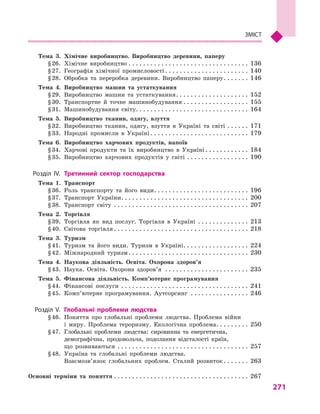 271
ЗМІСТ
	 Тема 3.	 Хімічне виробництво. Виробництво деревини, паперу
	 § 26.	 Хімічне виробництво . . . . . . . . . . . . . . . . . . . . . . . . . . . . . . . . . . 136
	 § 27.	 Географія хімічної промисловості . . . . . . . . . . . . . . . . . . . . . . . 140
	 § 28.	 Обробка та переробка деревини. Виробництво паперу . . . . . . . 146
	 Тема 4.	 Виробництво машин та устаткування
	 § 29.	 Виробництво машин та устаткування . . . . . . . . . . . . . . . . . . . . 152
	 § 30.	 Транспортне й  точне машинобудування . . . . . . . . . . . . . . . . . . 155
	 § 31.	 Машинобудування світу . . . . . . . . . . . . . . . . . . . . . . . . . . . . . . . 164
	 Тема 5.	 Виробництво тканин, одягу, взуття
	 § 32.	 Виробництво тканин, одягу, взуття в  Україні та світі . . . . . . . 171
	 § 33.	 Народні промисли в  Україні  . . . . . . . . . . . . . . . . . . . . . . . . . . . 179
	 Тема 6.	 Виробництво харчових продуктів, напоїв
	 § 34.	 Харчові продукти та їх виробництво в Україні . . . . . . . . . . . . 184
	 § 35.	 Виробництво харчових продуктів у світ