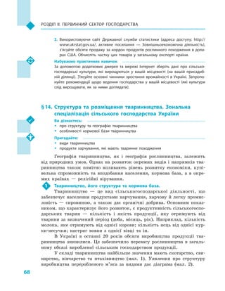 68
Розділ II. Первинний сектор господарства
2.	Використовуючи сайт Державної служби статистики (адреса доступу: http://
www.ukrstat.gov.ua/, активне посилання  — Зовнішньоекономічна діяльність),
з’ясуйте обсяги продажу за кордон продуктів рослинного походження в  дола­
рах США. Обчисліть частку цих товарів у  загальному експорті країни.
Набуваємо практичних навичок
За допомогою додаткових джерел та мережі Інтернет зберіть дані про сільсько­
господарські культури, які вирощуються у  вашій місцевості (на вашій присадиб­
ній ділянці). З’ясуйте основні чинники зростання врожайності в  Україні. Запропо­
нуйте рекомендації щодо ведення господарства у  вашій місцевості (які культури
слід вирощувати, як за ними доглядати).
§ 14.	Структура та розміщення тваринництва. Зональна
спеціалізація сільського господарства України
Ви дізнаєтесь:
ŠŠ про структуру та географію тваринництва
ŠŠ особливості кормової бази тваринництва
Пригадайте:
ŠŠ види тваринництва
ŠŠ продукти харчування, які мають тваринне походження
Географія тваринництва, як і географія рослинництва, залежить
від природних умов. Однак на розвиток окремих видів і напрямків тва-
ринництва також помітно впливають рівень розвитку економіки, купі-
вельна спроможність та вподобання населення, кормова база, а  в  окре-
мих країнах — релігійні вірування.
1	 Тваринництво, його структура та кормова база.
Тваринництво  — це вид сільськогосподарської діяльності, що
забезпечує населення продуктами харчування, харчову й  легку промис-
ловість  — сировиною, а  також дає органічні добрива. Основним показ-
ником, що характеризує його розвиток, є продуктивність сільськогоспо-
дарських тварин  — кількість і  якість продукції, яку отримують від
тварини за визначений період (доба, місяць, рік). Наприклад, кількість
молока, яке отримують від однієї корови; кількість яєць від однієї кур-
ки-несучки; настриг вовни з  однієї вівці та ін.
В Україні в  останні 20  років обсяги виробництва продукції тва-
ринництва знизилися. Це забезпечило перевагу рослинництва в  загаль-
ному обсязі виробленої сільським господарством продукції.
У складі тваринництва найбільше значення мають скотарство, сви-
нарство, вівчарство та птахівництво (мал.  1). Уявлення про структуру
виробництва переробленого м’яса за видами дає діаграма (мал.  2).
 