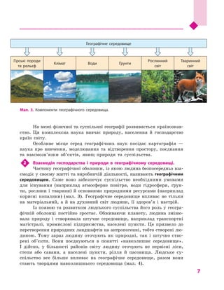 7
﻿
На межі фізичної та суспільної географії розвивається країнознав-
ство. Ця комплексна наука вивчає природу, населення й  господарство
країн світу.
Особливе місце серед географічних наук посідає картографія  —
наука про вивчення, моделювання та відтворення простору, поєднання
та взаємозв’язки об’єктів, явищ природи та суспільства.
2	 Взаємодія господарства і  природи в  географічному середовищі.
Частину географічної оболонки, із якою людина безпосередньо вза-
ємодіє у своєму житті та виробничій діяльності, називають географічним
середовищем. Саме воно забезпечує суспільство необхідними умовами
для існування (наприклад атмосферне повітря, води гідросфери, ґрун-
ти, рослини і  тварини) й  основними природними ресурсами (наприклад
корисні копалини) (мал.  3). Географічне середовище впливає не тільки
на матеріальний, а  й на духовний світ людини, її здоров’я і  настрій.
Із появою та розвитком людського суспільства його роль у геогра-
фічній оболонці постійно зростає. Обживаючи планету, людина зміню-
вала природу і  створювала штучне середовище, наприклад транспортні
магістралі, промислові підприємства, населені пункти. Це призвело до
перетворення природних ландшафтів на антропогенні, тобто створені лю-
диною. Тому зараз людину оточують як природні, так і  штучно ство-
рені об’єкти. Вони поєднуються в  понятті «навколишнє середовище».
І  дійсно, у  більшості районів світу людину оточують не первісні ліси,
степи або савани, а  населені пункти, рілля й  пасовища. Людське су­
спільство все більше впливає на географічне середовище, разом вони
стають творцями навколишнього середовища (мал.  4).
Географічне середовище
Гірські породи
та рельєф
Клімат Води Ґрунти
Рослинний
світ
Тваринний
світ
Мал. 3. Компоненти географічного середовища.
 