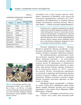 78
Розділ II. Первинний сектор господарства
пальмової олії у  світі швидко зростає. Ліде-
рами є  Індонезія та Малайзія, їхня частка від
загального виробництва становить 53  і  35 %
відповідно. На узбережжях та островах Тихого
океану культивують кокосову пальму. Масли-
нове дерево — олійна культура Серед­зем­но­мор’я.
Пальмова олія є недорогою сировиною для вироб­
ництва різної харчової продукції, потреба в якій по­
стійно збільшується. Значна її частина йде на виго­
товлення масложирової, кондитерської, молочної
продукції. Використовується рафінована дезодоро­
вана пальмова олія, яка не містить фосфоровмісних
речовин, вільних жирних кислот, барвників. Проте
все ж  таки безпека споживання продукції на осно­
ві пальмової олії досі викликає сумніви.
Основні виробники ріпаку  — Канада,
Китай та країни ЄС. Цікаво, що Китай є і най-
більшим імпортером цієї культури. Понад по-
ловину світового експорту забезпечує Канада.
До найважливіших цукроносних куль-
тур належать цукрова тростина і  цукровий
буряк. Цукрова тростина  — це теплолюбна
й  вологолюбна рослина, що зростає протягом
кількох років. Її вирощують у  субтропіках,
тропічних та екваторіальних широтах, де впро-
довж семи-восьми  місяців середня температу-
ра не опускається нижче за +15 °C і  достат-
ньо вологи. Великі господарства вирощують
ці культури із широким застосуванням машин,
знач­ної кількості добрив, часто проводиться
зрошення. Майже половина світового вироб-
ництва цукрової тростини припадає на Бра-
зилію та Індію.
Цукровий буряк поширений у  помірно-
му поясі. Серед його виробників зараз немає
явних лідерів. Основну частину цієї культури
вирощують п’ять країн: Росія, Франція, США,
Німеччина, Україна.
Цікавою є  географія тонізуючих куль-
тур — какао, чаю і кави. Їхні плантації най-
Таблиця 3
НАЙБІЛЬШІ ВИРОБНИКИ БАВОВНИКУ
(2014  р.)
Країна Регіон
Валовий збір,
млн т
Китай Азія 6,6
Індія Азія 6,3
США Америка 3,4
Пакистан Азія 2,3
Бразилія Америка 1,6
Узбекистан Азія 1,0
Туреччина Азія 0,9
Австралія Австралія 0,8
Туркменистан Азія 0,4
Аргентина Америка 0,3
Мал. 4. Із Кот-д’Івуару кожного року
експортують понад 1  млн т какао-бо­
бів, а  з  Гани  — до 700  тис. т. На відмі­
ну від Кот-д’Івуару, методи вирощуван­
ня в  Гані інтенсивні, фермери широко
застосовують техніку, добрива і  засоби
захисту рослин.
 