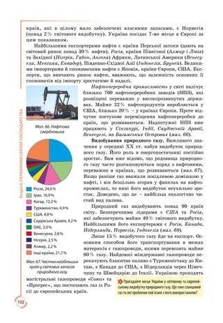 102
РозділІІ.ПЕРВИННИЙСЕКТОРГОСПОДАРСТВА
країн, які в цілому мало забезпечені власними запасами, є Норвегія
(понад 2 % світового видобутку). Україна посідає 7-ме місце в Європі за
цим показником.
Найбільшими експортерами нафти є країни Перської затоки (дають на
світовий ринок понад 30 % нафти), Росія, країни Північної (Алжир і Лівія)
та Західної (Нігерія, Габон, Ангола) Африки, Латинської Америки (Венесу-
ела, Мексика, Еквадор), Південно-Східної Азії (Індонезія, Бруней). Велики­
ми імпортерами й споживачами нафти є Японія, країни Європи, США. Екс­
перти, що вивчають ринок нафти, вважають, що залежність основних її
споживачів від імпорту зростатиме й надалі.
Нафтопереробна промисловість у світі налічує
близько 700 нафтопереробних заводів (НПЗ), які
розміщені переважно у високорозвинутих держа­
вах. Майже 22 % нафтопродуктів виробляється у
США, близько 20 % – у країнах Європи. Проте від­
чутне поступове переміщення нафтопереробки до
країн, що розвиваються. Надпотужні НПЗ вже
працюють у Сінгапурі, Індії, Саудівській Аравії,
Вене­суелі, на Багамських Островах (мал. 66).
Видобування природного газу. Важливого зна­
чення у середині XX ст. набув видобуток природ­
ного газу. Його роль в енергопостачанні постійно
зростає. Вам вже відомо, що родовища природно­
го газу часто розташовуються поряд з нафтовими,
переважно в країнах, що розвиваються (мал. 67).
Якщо раніше газ вважали шкідливою домішкою у
нафті, і він безцільно згоряв у факелах на нафто­
промислах, то нині його видобуток неухильно зро­
стає. Доведено, що це – найбільш екологічно чи­
стий вид палива.
Природний газ видобувають понад 90 країн
світу. Безперечними лідерами є США та Росія,
які забезпечують майже 40 % світового видобутку.
Най­більшими його експортерами є Росія, Канада,
Нідерланди, Норвегія, Індонезія (мал. 68).
Лише 15 % видобутого газу йде на експорт. Ос­
новним способом його транс­портування в межах
материків є газопроводи, якими перевозять майже
80 % газу. Найдовші міждержавні газопроводи пе­
рекачують блакитне паливо з Туркменістану до Ки­
таю, з Канади до США, з Нідерландів через Німеч­
чину та Швейцарію до Італії. Україною проходять
магістральні газопроводи «Союз» та
«Прогрес», що постачають газ із Ро­
сії до європейських країн.
Мал. 66. Нафтова
свердловина
Пригадайте місце України у світовому та європей-
ському видобутку природного газу. Що таке сланцевий
газ та які проблеми пов’язані з його використанням?
Росія, 24,6 %
Іран, 16,9 %
Катар, 12,2 %
Туркменістан, 4,9 %
США, 4,8 %
Саудівська Аравія, 4,2 %
ОАЕ, 3,0 %
Венесуела, 2,8 %
Нігерія, 2,5 %
Алжир, 2,2 %
Інші країни, 21,7 %
Мал.67.Частканайбільших
країн у світових запасах
природного газу
 