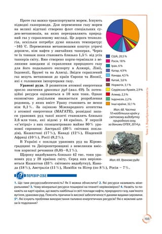 103
Тема3.Видобувнапромисловість
Проте газ важко транспортувати морем. Існують
підводні газопроводи. Для перевезення газу морем
на великі відстані створено флот спеціальних су­
ден-метановозів, на яких переправляють природ­
ний газ у скрапленому вигляді. Це дорога техноло­
гія, оскільки потребує дуже низьких температур:
–165 °С. Перевезення метановозами коштує утричі
дорожче, ніж нафти у звичайних танкерах. Через
те їх тоннаж поки становить близько 1,5 % від усіх
танкерів світу. Вже створено порти-термінали з ве­
ликими заводами зі скраплення природного газу
для його подальшого експорту в Алжирі, Лівії,
Індонезії, Брунеї та на Алясці. Звідси скраплений
газ везуть метановози до країн Європи та Японії,
які є головними імпортерами газу.
Уранові руди. З розвитком атомної енергетики
зросло значення уранових руд (мал. 69). Їх потен­
ційні ресурси оцінюються в 10 млн тонн. Однак
економічно доцільним вважається розроблення
родовищ, у яких вміст Урану становить не менш
ніж 0,1 %. За оцінкою Міжнародного агентства
з атомної енергетики (МАГАТЕ), розвідані запа­
си уранових руд такої якості становлять близько
3,6 млн тонн, які відомі у 44 країнах. У першій
«п’ятірці» з них сконцентровано майже 80 % ура­
нової сировини: Австралії (30 % світових покла­
дів), Казахстані (17 %), Канаді (12 %), Південній
Африці (10 %), Росії (9,2 %).
В Україні є поклади уранових руд на Кірово­
градщині та Дніпропетровщині з невеликим вміс­
том корисної речовини (0,05 – 0,1 %).
Щороку видобувають близько 42 тис. тонн ура­
нових руд у 28 країнах світу. Серед них вирізня­
ються Казахстан (33 % світового видобутку), Кана­
да (18 %), Австралія (11 %), Намібія та Нігер (по 8 %), Росія – 7 %.
ПЕРЕВІР СЕБЕ
1. Що таке ресурсозабезпеченість? Як її можна обчислити? 2. Які ресурси називають міне-
ральними? 3. Чому мінеральні ресурси поширені на планеті нерівномірно? 4. Назвіть та по-
кажіть на карті країни, що мають найбільші в світі поклади нафти, природного газу, кам’яного
вугілля, уранових руд. Поясніть причини їх високої забезпеченості даними видами сировини.
5*. Які існують проблеми використання паливно-енергетичних ресурсів? Які є можливі шля-
хи їх подолання?
Мал. 69. Уранова руда
США, 20,5 %
Росія, 18 %
Іран, 6 %
Катар, 4,9 %
Канада, 4,5 %
Китай, 3,6 %
Норвегія, 3,1 %
Саудівська Аравія, 2,9 %
Алжир, 2,3 %
Індонезія, 2,2 %
Інші країни, 32,1 %
Мал. 68. Частка
10 найбільших країн у
світовому видобутку
природного газу,
за даними ОПЕК, 2014 р.
 
