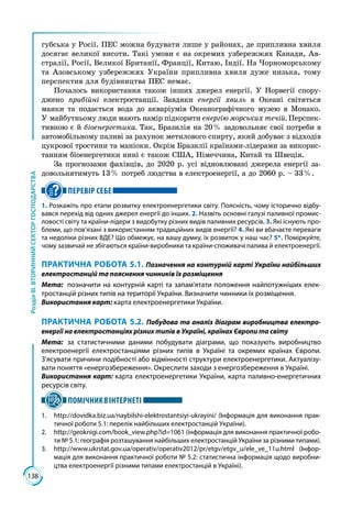 138
РозділІІІ.ВТОРИННИЙСЕКТОРГОСПОДАРСТВА
губська у Росії. ПЕС можна будувати лише у районах, де припливна хвиля
досягає великої висоти. Такі умови є на окремих узбережжях Канади, Ав­
стралії, Росії, Великої Британії, Франції, Китаю, Індії. На Чорноморському
та Азовському узбережжях України припливна хвиля дуже низька, тому
перспектив для будівництва ПЕС немає.
Почалось використання також інших джерел енергії. У Норвегії спору­
джено прибійні електростанції. Завдяки енергії хвиль в Океані світяться
маяки та подається вода до акваріумів Океанографічного музею в Монако.
У май­бутньому люди мають намір підкорити енергію морських течій. Перспек­
тив­ною є й біоенергетика. Так, Бразилія на 20 % задовольняє свої потреби в
автомобільному паливі за рахунок метилового спирту, який добуває з відходів
цукрової тростини та маніоки. Окрім Бразилії країнами-лідерами за викорис­
танням біоенергетики нині є також США, Німеччина, Китай та Швеція.
За прогнозами фахівців, до 2020 р. усі відновлювані джерела енергії за­
довольнятимуть 13 % потреб людства в електроенергії, а до 2060 р. – 33 %.
ПЕРЕВІР СЕБЕ
1. Розкажіть про етапи розвитку електроенергетики світу. Поясність, чому історично відбу-
вався перехід від одних джерел енергії до інших. 2. Назвіть основні галузі паливної промис-
ловості світу та країни-лідери з видобутку різних видів паливних ресурсів. 3. Які існують про-
блеми, що пов’язані з використанням традиційних видів енергії? 4. Які ви вбачаєте переваги
та недоліки різних ВДЕ? Що обмежує, на вашу думку, їх розвиток у наш час? 5*. Поміркуйте,
чому зазвичай не збігаються країни-виробники та країни-споживачі палива й електроенергії.
ПРАКТИЧНА РОБОТА 5.1. Позначення на контурній карті України найбільших
електростанцій та пояснення чинників їх розміщення
Мета:	 позначити на контурній карті та запам’ятати положення найпотужніших елек-
тростанцій різних типів на території України. Визначити чинники їх розміщення.
Використання карт: карта електроенергетики України.
ПРАКТИЧНА РОБОТА 5.2. Побудова та аналіз діаграм виробництва електро­
енер­гії на електростанціях різних типів в Україні, країнах Європи та світу
Мета:	за статистичними даними побудувати діаграми, що показують виробництво
електроенергії електростанціями різних типів в Україні та окремих країнах Європи.
З’ясувати причини подібності або відмінності структури електроенергетики. Актуалізу-
вати поняття «енергозбереження». Окреслити заходи з енергозбереження в Україні.
Використання карт: карта електроенергетики України, карта паливно-енергетичних
ресурсів світу.
ПОМІЧНИКВІНТЕРНЕТІ
1.	 http://dovidka.biz.ua/naybilshi-elektrostantsiyi-ukrayini/ (Інформація для виконання прак-
тичної роботи 5.1: перелік найбільших електростанцій України).
2.	 http://geoknigi.com/book_view.php?id=1061 (інформація для виконання практичної робо-
ти № 5.1: географія розташування найбільших електростанцій України за різними типами).
3.	 http://www.ukrstat.gov.ua/operativ/operativ2012/pr/etgv/etgv_u/ele_ve_11u.html (Інфор-
мація для виконання практичної роботи № 5.2: статистична інформація щодо виробни-
цтва електроенергії різними типами електростанцій в Україні).
 