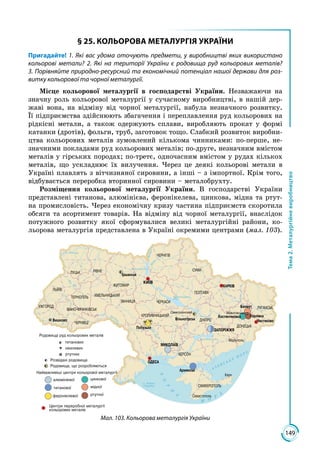 149
Тема2.Металургійневиробництво
§ 25. КОЛЬОРОВА МЕТАЛУРГІЯ УКРАЇНИ
Пригадайте! 1. Які вас удома оточують предмети, у виробництві яких використано
кольорові метали? 2. Які на території України є родовища руд кольорових металів?
3. Порівняйте природно-ресурсний та економічний потенціал нашої держави для роз-
витку кольорової та чорної металургії.
Місце кольорової металургії в господарстві України. Незважаючи на
значну роль кольорової металургії у сучасному виробництві, в нашій дер­
жаві вона, на відміну від чорної металургії, набула незначного розвитку.
Її підприємства здійснюють збагачення і переплавлення руд кольорових на
рідкісні метали, а також одержують сплави, виробляють прокат у формі
катанки (дротів), фольги, труб, заготовок тощо. Слабкий розвиток виробни­
цтва кольорових металів зумовлений кількома чинниками: по-перше, не­
значними покладами руд кольорових металів; по-друге, незначним вмістом
металів у гірських породах; по-третє, одночасним вмістом у рудах кількох
металів, що ускладнює їх вилучення. Через це деякі кольорові метали в
Україні плавлять з вітчизняної сировини, а інші – з імпортної. Крім того,
відбувається переробка вторинної сировини – металобрухту.
Розміщення кольорової металургії України. В господарстві України
представлені титанова, алюмінієва, феронікелева, цинкова, мідна та ртут­
на промисловість. Через економічну кризу частина підприємств скоротила
обсяги та асортимент товарів. На відміну від чорної металургії, внаслідок
потужного розвитку якої сформувалися великі металургійні райони, ко­
льорова металургія представлена в Україні окремими центрами (мал. 103).
Мал. 103. Кольорова металургія України
 
