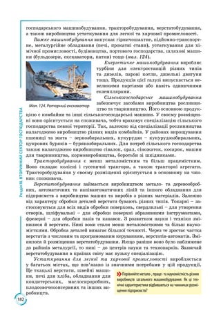 182
РозділІІІ.ВТОРИННИЙСЕКТОРГОСПОДАРСТВА
господарського машинобудування, тракто­ро­будування, верстатобудування,
а також виробництва устаткування для лег­кої та харчової промисловості.
Важке машинобудування випускає гірни­чо­шахтне, підйомно-транспорт­
не, ме­талургійне обладнання (печі, прокатні ста­ни), устаткування для хі­
мічної проми­словості, будівництва, портового господарства, шляхові маши­
ни (бульдозери, екскаватори, катки) тощо (мал. 124).
Енергетичне машинобудування ви­робляє
турбіни для електро­станцій різ­них типів
та дизелів, парові котли, дизельні двигуни
тощо. Продукція цієї галузі випускається не­
великими пар­тіями або навіть одиничними
екземплярами.
Сільськогосподарське машинобудування
забезпечує засобами виробництва рослинни­
цтво та тваринництво. Його основною продук­
цією є комбайни та інші сільськогосподарські машини. У своєму розміщен­
ні воно орієнтується на споживача, тобто враховує спеціалізацію сільського
господарства певної території. Так, залежно від спеціалізації рослинництва
налагоджено виробництво різних видів комбайнів. У районах вирощування
пшениці та жита – зернозбиральних, кукурудзи – кукурудзозбиральних,
цукрових буряків – бурякозбиральних. Для потреб сільського господарства
також налагоджено виробництво сівалок, орал, сіножаток, косарок, машин
для тваринництва, кормовиробництва, боротьби зі шкідниками.
Тракторобудування є менш металомістким та більш працемістким.
Воно складає колісні і гусеничні трактори, а також тракторні агрегати.
Тракторобудування у своєму розміщенні орієнтується в основному на чин­
ник споживача.
Верстатобудування займається виробництвом метало- та деревооброб­
них, автоматичних та напівавтоматичних ліній та іншого обладнання для
підприємств з виробництва машин та виробів з різних матеріалів. Залежно
від характеру обробки деталей верстати бувають різних типів. Токарні – за­
стосовуються для всіх видів обробки поверхонь, свердлильні – для утворення
отворів, шліфувальні – для обробки поверхні абразивними інструментами,
фрезерні – для обробки пазів та канавок. З розвитком науки і техніки змі­
нилися й верстати. Нині вони стали менш металомісткими та більш науко­
місткими. Обробка деталей вимагає більшої точності. Через те зростає частка
верстатів з числовим та програмованим керуванням, верстатів-автоматів. Змі­
нилося й розміщення верстатобудування. Якщо раніше воно було наближене
до районів металургії, то нині – до центрів науки та технопарків. Зазвичай
верстатобудування в країнах світу має вузьку спеціалізацію.
Устаткування для легкої та харчової промисловості виробляється
у багатьох містах, що пов’язано із значними потребами у цій продукції.
Це ткацькі верстати, швейні маши­
ни, печі для хліба, обладнання для
кондитерських, маслосироробних,
плодоовочеконсервних та інших ви­
робництв.
Мал. 124. Роторний екскаватор
Порівняйтеметало-,праце-танауко­місткістьрізних
виробництв загального машинобудування. Як ці тех-
нічні характеристики відбиваються на чинниках розмі-
щенняпідприємств?
 