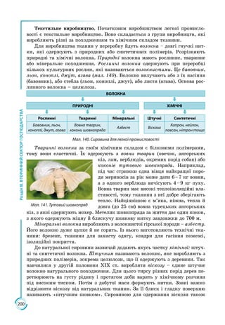 200
РозділІІІ.ВТОРИННИЙСЕКТОРГОСПОДАРСТВА
Текстильне виробництво. Початковим виробництвом легкої промисло­
вості є текстильне виробництво. Воно складається з групи виробництв, які
виробляють різні за походженням та хімічним складом тканини.
Для виробництва тканин у переробку йдуть волокна – довгі гнучкі нит­
ки, які одержують з природних або синтетичних полімерів. Розрізняють
природні та хімічні волокна. Природні волокна мають рослинне, тваринне
або мінеральне походження. Рослинні волокна одержують при переробці
кількох культурних рослин, які називаються волокнистими. Це бавовник,
льон, коноплі, джут, агава (мал. 140). Волокно вилучають або з їх насіння
(бавовник), або стебла (льон, коноплі, джут), або листя (агава). Основа рос­
линного волокна – целюлоза.
ВОЛОКНА
ПРИРОДНІ ХІМІЧНІ
Рослинні Тваринні Мінеральні Штучні Синтетичні
Бавовник, льон,
коноплі, джут, агава
Вовна тварин,
кокони шовкопряда
Азбест Віскоза
Капрон, нейлон,
лавсан, нітрон тощо
Мал. 140. Сировина для легкої промисловості
Тваринні волокна за своїм хімічним складом є білковими полімерами,
тому вони еластичні. Їх одержують з вовни тварин (овечок, ангорських
кіз, лам, верблюдів, окремих порід собак) або
коконів тутового шовкопряда. Наприклад,
під час стрижки одна вівця найкращої поро­
ди мериносів за рік може дати 6 – 7 кг вовни,
а з одного верблюда вичісують 4 – 9 кг пуху.
Вовна тварин має високі теплоізоляційні вла­
стивості, тому тканини з неї добре зберігають
тепло. Найціннішою є м’яка, ніжна, тепла й
довга (до 25 см) вовна турецьких ангорських
кіз, з якої одержують мохер. Метелик шовкопряда за життя дає один кокон,
з якого одержують міцну й блискучу шовкову нитку завдовжки до 700 м.
Мінеральні волокна виробляють з волокнистої гірської породи – азбесту.
Його волокно дуже цупке й не горить. Із нього виготовляють технічні тка­
нини: брезент, тканини для захисту одягу, ковдри для гасіння пожежі,
ізоляційні покриття.
До натуральної сировини зазвичай додають якусь частку хімічної: штуч­
ні та синтетичні волокна. Штучним називають волокно, яке виробляють з
природних полімерів, зокрема целюлози, що її одержують з деревини. Так
навчилися у другій половини ХІХ ст. виробляти віскозу – єдине штучне
волокно натурального походження. Для цього тирсу різних порід дерев пе­
ретворюють на густу рідину і протягом доби варять у хімічному розчини
під високим тиском. Потім з добутої маси формують нитки. Зовні важко
відрізнити віскозу від натуральних тканин. За її блиск і гладку поверхню
називають «штучним шовком». Сировиною для одержання віскози також
Мал. 141. Тутовий шовкопряд
 