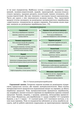 27
Тема1.Національнегосподарство
ті чи інші підприємства. Найбільш суттєві з-поміж цих чинників: сиро­
винний, паливно-енергетичний, водний, транспортний, науково-техноло­
гічного прогресу, трудових ресурсів, екологічний, чинник споживача, вій­
ськово-стратегічний. Дія цих чинників є наслідком їхнього взаємовпливу.
Часто дія одного з них підсилюється впливом іншого. Так, транспортні
витрати істотно впливають на розміщення матеріаломісткого виробництва,
«прив’язуючи» підприємства до джерел сировини. Розглянемо вплив окре­
мих чинників на розміщення виробництва (мал. 13).
Сировинний
Біля місць видобування сировини
Цукрова, цементна, металургійна
промисловість
Науково-технологічного прогресу
У великих містах, центрах розвитку науки
Точне машинобудування,
авіаракетобудування, хімія полімерів
Паливно-енергетичний
Біля електростанцій або родовищ
паливних ресурсів
Металургія алюмінію, титану, магнію;
виробництво віскозного шовку,
синтетичного каучуку, хлору
Трудових ресурсів
У місцях скупчення трудових ресурсів
Автомобілебудування
Водний
Поблизу значних джерел водопостачання
(річок, озер)
Целюлозно-паперовапромисловість,окремі
галузіхімічноїпромисловості,рослинництво
Екологічний
З урахуванням найменшої шкоди для
довкілля і людей
Теплова енергетика, хімічна, цементна
промисловість
Транспортний
На шляхах сполучення
Нафтопереробна, лісова промисловість
Чинник споживача
Біля місць використання готової продукції
Хлібопекарна, кондитерська, виробництво
сірчаної кислоти, залізобетону, цегли
Військово-стратегічний
У «закритих містах», віддалено від
державних кордонів
Оборонна промисловість
ЧИННИКИ РОЗМІЩЕННЯ
Мал. 13. Чинники розміщення виробництва
Сировинний чинник. Історично першим впливав на розміщення підпри­
ємств сировинний чинник, або чинник матеріаломісткості. Нині ступінь
ма­теріаломісткості визначається відношенням витрат на сировину до обсягу
виробленої продукції. Тому матеріаломісткими вважаються виробництва,
що потребують значної кількості сировини на виробництво одиниці кінцевої
продукції. Такими, зокрема, є цукрова, цементна, металургійна промисло­
вість тощо. Наприклад, для виробництва 1 т цукру потрібно 7,3 т цукрових
буряків, а на 1 т чавуну – 2 т залізної руди, 1,3 т коксівного вугілля, а та­
кож інша сировина. Тому ці підприємства наближені до місць видобутку ре­
сурсів, щоб не робити завеликих відрахувань на транспортування сировини
 
