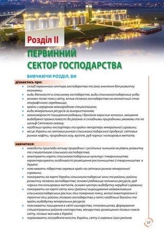 57
Розділ ІІ
ПЕРВИННИЙ
СЕКТОР ГОСПОДАРСТВА
ВИВЧАЮЧИ РОЗДІЛ, ВИ
дізнаєтесь про:
●● склад первинного сектора господарства та його значення для розвитку
економіки;
●● види діяльності в сільському господарстві, види сільськогосподарських угідь;
●● основні лісові пояси світу, вплив лісового господарства на екологічний стан
географічного середовища;
●● країни з аграрною міжнародною спеціалізацією;
●● види мінеральних ресурсів за використанням;
●● закономірності поширення родовищ і басейнів корисних копалин, зміщення
видобувної промисловості до районів зі складними природними умовами та на
шельф Світового океану;
●● найбільші країни-експортери та країни-імпортери мінеральної сировини;
●● місце України на світових ринках сільськогосподарської продукції, світових
ринках нафти, природного газу, вугілля, руд чорних і кольорових металів;
навчитеся:
●● наводити приклади впливу природних і суспільних чинників на рівень розвитку
та спеціалізацію сільського господарства;
●● аналізувати карти сільськогосподарських культур і тваринництва;
характеризувати особливості розміщення рослинництва й тваринництва в
Україні;
●● пояснювати лідерство окремих країн на світових ринках мінеральної
сировини;
●● показувати на карті України сільськогосподарські зони та райони; райони
розвитку лісового господарства; основні родовища паливних ресурсів, руд
чорних та кольорових металів, основні центри видобутку нерудної сировини;
●● показувати на карті світу зони (райони) вирощування найважливіших
сільськогосподарських рослин; ліси помірного поясу, вологі екваторіальні й
тропічні ліси; райони лісового господарства у світі; найбільші басейни та
країни видобутку мінеральних ресурсів;
●● пояснювати поширення в світі свинарства, птахівництва, формування
спеціалізованих районів скотарства, вівчарства; розміщення лісових поясів
світу, лісових масивів в Україні;
●● порівнювати лісозабезпеченість України, світу й окремих його регіонів
 