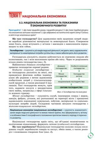 9
 ТЕМА1	 НАЦІОНАЛЬНА ЕКОНОМІКА
§ 2. НАЦІОНАЛЬНА ЕКОНОМІКА ТА ПОКАЗНИКИ
ЇЇ ЕКОНОМІЧНОГО РОЗВИТКУ
Пригадайте! 1. Що таке природні умови і природні ресурси? 2. Що таке трудові ресурси
та економічно активне населення? 3. Що зображено на політичній карті світу? Скільки
в світі існує незалежних країн?
Що таке господарство? Для задоволення своїх щоденних потреб люди­
на виробляє різноманітні матеріальні та нематеріальні блага. Створюючи
певні блага, люди вступають у зв’язки і взаємодію з навколишнім середо­
вищем та між собою.
Господарство –сукупністьусіхвидівлюдськоїдіяльності,якідаютьзмогузадовольняти
матеріальні та нематеріальні потреби суспільства, а також забезпечують його розвиток.
Господарська діяльність людини здійснюється як окремими людьми або
колективами, так і всім населенням країни або світу. Через те розрізняють
кілька рівнів господарства (мал. 3).
Найнижчим є домашнє господарство –
приватне господарство окремої родини.
Особисте селянське господарство –
це господарська діяльність на землі, яка
проводиться фізичною особою індивіду­
ально або родиною з метою задоволення
особистісних потреб у сільськогосподар­
ській продукції, а також реалізації її над­
лишків. Такі господарства можуть, крім
того, надавати послуги з використання
свого майна, наприклад у сфері сільсько­
го зеленого туризму.
Міське господарство – сукупність служб, інженерних споруд і мереж,
заводів, фабрик, установ, які розташовані на території міста і призначені
задовольняти повсякденні комунальні, побутові, матеріальні та соціально-
культурні потреби людей. Складовою частиною міського господарства є
житлово-комунальне господарство.
Національна економіка (національне господарство) – сукупність взаємопов’я-
заних видів людської діяльності в межах певної країни, яка сформувалася у зв’язку
з особливостями її географічного положення протягом певного періоду історично-
го розвитку.
Національні господарства країн світу, що об’єднані економічними та
політичними відносинами, формують світове (глобальне) господарство.
Що таке виробництво? Національне господарство охоплює кілька послі­
довних стадій: виробництво товарів та послуг, обмін ними, а також розпо­
діл і споживання створених благ (мал. 4).
Домашнє
господарство
Особисте селянське
господарство
Міське
господарство
Господарство
регіону
НАЦІОНАЛЬНЕ ГОСПОДАРСТВО
СВІТОВЕ ГОСПОДАРСТВО
Мал. 3. Господарство та його рівні
 