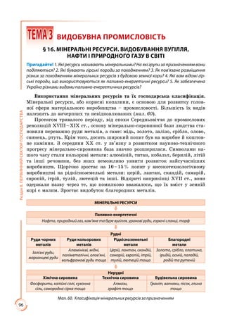 96
РозділІІ.ПЕРВИННИЙСЕКТОРГОСПОДАРСТВА
 ТЕМА3	 ВИДОБУВНА ПРОМИСЛОВІСТЬ
§ 16. МІНЕРАЛЬНІ РЕСУРСИ. ВИДОБУВАННЯ ВУГІЛЛЯ,
НАФТИ І ПРИРОДНОГО ГАЗУ В СВІТІ
Пригадайте! 1. Які ресурси називають мінеральними? На які групи за призначенням вони
поділяються? 2. Які бувають гірські породи за походженням? 3. Як пов’язане розміщення
різних за походженням мінеральних ресурсів з будовою земної кори? 4. Які вам відомі гір-
ські породи, що використовуються як паливно-енергетичні ресурси? 5. Як забезпечена
Україна різними видами паливно-енергетичних ресурсів?
Використання мінеральних ресурсів та їх господарська класифікація.
Мінеральні ресурси, або корисні копалини, є основою для розвитку голов­
ної сфери матеріального виробництва – промисловості. Більшість їх видів
належить до вичерпних та невідновлюваних (мал. 60).
Протягом тривалого періоду, від епохи Середньовіччя до промислових
революцій XVIII – XIX ст., основу мінерально-сировинної бази людства ста­
новили переважно руди металів, а саме: мідь, золото, залізо, срібло, олово,
свинець, ртуть. Крім того, досить широкий попит був на виробне й коштов­
не каміння. З середини XX ст. у зв’язку з розвитком науково-технічного
прогресу мінерально-сировинна база значно розширилася. Символами на­
шого часу стали кольорові метали: алюміній, титан, кобальт, берилій, літій
та інші речовини, без яких неможливо уявити розвиток найсучасніших
виробництв. Щорічно зростає на 10 – 15 % попит у високотехнологічному
виробництві на рідкісноземельні метали: церій, лантан, скандій, самарій,
європій, ітрій, тулій, лютецій та інші. Відкриті наприкінці ХVІІ ст., вони
одержали назву через те, що помилково вважалося, що їх вміст у земній
корі є малим. Зростає видобуток благородних металів.
МІНЕРАЛЬНІ РЕСУРСИ
Паливно-енергетичні
Нафта, природний газ, кам’яне та буре вугілля, уранові руди, горючі сланці, торф
Рудні
Руди чорних
металів
Руди кольорових
металів
Рідкісноземельні
метали
Благородні
метали
Залізні руди,
марганцеві руди
Алюмінієві, мідні,
поліметалічні, олов’яні,
вольфрамові руди тощо
Церій, лантан, скандій,
самарій, європій, ітрій,
тулій, лютецій тощо
Золото, срібло, платина,
іридій, осмій, паладій,
родій та рутеній
Нерудні
Хімічна сировина Технічна сировина Будівельна сировина
Фосфорити, калійні солі, кухонна
сіль, самородна сірка тощо
Алмази,
графіт тощо
Ґраніт, вапняки, пісок, глина
тощо
Мал. 60. Класифікація мінеральних ресурсів за призначенням
 
