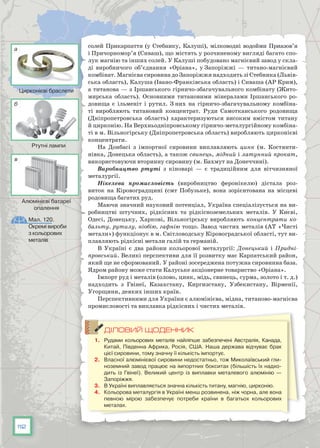 112
солей Прикарпаття (у Стебнику, Калуші), мілководні водойми Приазов’я
і Причорномор’я (Сиваш), що містять у розчиненому вигляді багато спо-
лук магнію та інших солей. У Калуші побудовано магнієвий завод у скла-
ді виробничого об’єднання «Оріана», у Запоріжжі — титано-магнієвий
комбінат. Магнієва сировина до Запоріжжя надходить зі Стебника (Львів-
ська область), Калуша (Івано-Франківська область) і Сиваша (АР Крим),
а титанова — з Іршанського гірничо-збагачувального комбінату (Жито-
мирська область). Основними титановими мінералами Іршанського ро-
довища є ільменіт і рутил. З них на гірничо-збагачувальному комбіна-
ті виробляють титановий концентрат. Руди Самотканського родовища
(Дніпропетровська область) характеризуються високим вмістом титану
й цирконію. На Верхньодніпровському гірничо-металургійному комбіна-
ті в м. Вільногірську (Дніпропетровська область) виробляють цирконієві
концентрати.
На Донбасі з імпортної сировини виплавляють цинк (м. Костянти-
нівка, Донецька область), а також свинець, мідний і латунний прокат,
використовуючи вторинну сировину (м. Бахмут на Донеччині).
Виробництво ртуті з кіноварі  — є традиційним для вітчизняної
металургії.
Нікелева промисловість (виробництво феронікелю) дістала роз-
виток на Кіровоградщині (смт Побузьке), вона зорієнтована на місцеві
родовища багатих руд.
Маючи значний науковий потенціал, Україна спеціалізується на ви-
робництві штучних, рідкісних та рідкісноземельних металів. У  Києві,
Одесі, Донецьку, Харкові, Вільногірську виробляють концентрати ко-
бальту, рутилу, ніобію, гафнію тощо. Завод чистих металів (АТ «Чисті
метали») функціонує в м. Світловодську Кіровоградської області, тут ви-
плавляють рідкісні метали галій та германій.
В Україні є два райони кольорової металургії: Донецький і Придні-
провський. Великі перспективи для її розвитку має Карпатський район,
який ще не сформований. У районі зосереджена потужна сировинна база.
Ядром району може стати Калуське акціонерне товариство «Оріана».
Імпорт руд і металів (олово, цинк, мідь, свинець, сурма, золото і т. д.)
надходить з Гвінеї, Казахстану, Киргизстану, Узбекистану, Вірменії,
Угорщини, деяких інших країн.
Перспективними для України є алюмінієва, мідна, титаново-магнієва
промисловості та виплавка рідкісних і чистих металів.
ДІЛОВИЙ ЩОДЕННИК
1.	 Рудами кольорових металів найліпше забезпечені Австралія, Канада,
Китай, Південна Африка, Росія, США. Наша держава відчуває брак
цієї сировини, тому значну її кількість імпортує.
2.	 Власної алюмінієвої сировини недостатньо, тож Миколаївський гли-
ноземний завод працює на імпортних бокситах (більшість їх надхо-
дить із Гвінеї). Великий центр із виплавки металевого алюмінію  —
Запоріжжя.
3.	 В Україні виплавляється значна кількість титану, магнію, цирконію.
4.	 Кольорова металургія в Україні менш розвинена, ніж чорна, але вона
певною мірою забезпечує потреби країни в багатьох кольорових
металах.
Мал. 120.
Окремі вироби
з кольорових
металів
Цирконієві браслети
Ртутні лампи
Алюмінієві батареї
опалення
а
б
в
 