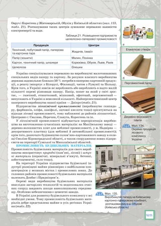 125
Овруч і Коростень у Жито­мирській, Обухів у Київській областях (мал. 133,
табл. 21). Розташування таких центрів зумовлене переважно наявністю
електроенергії та води.
Таблиця 21. Розміщення підприємств
целюлозно-паперової промисловості
Продукція Центри
Технічний, побутовий папір, паперова
та картонна тара
Жидачів, Ізмаїл
Папір (зошити) Малин, Понінка
Картон, технічний папір, шпалери Корюківка, Обухів, Львів, Рахів
Целюлоза Олешки
Україна спеціалізувалася переважно на виробництві малотоннажних
спеціальних видів паперу та картону. За рахунок власного виробництва
держава задовольняє близько 50 % потреби в паперово-картонній продук-
ції, а решту імпортує з Білорусі, Фінляндії, часом з Румунії та Польщі.
Крім того, в Україні зовсім не виробляють або виробляють в надто малій
кількості окремі різновиди паперу. Папір, попит на який у світі зрос-
тає, — газетний, етикетковий, мі­шковий, офсетний, пергаментний —
випускають в Україні в невеликій кількості. Найперспективніший центр
паперового виробництва нашої країни — Дніпро (табл. 21).
Підприємства лісохімічної промисловості (виробництво скипида-
ру, фарбників, оліфи, каніфолі, оцтової кислоти тощо) орієнтуються на
відходи лісової промисловості, тому наближені до районів лісозаготівлі.
Центрами є: Свалява, Перечин, Славута, Коростень та ін.
У лісохімічній промисловості відбувається переорієнтація виробни-
цтва на виготовлення сучасніших матеріалів: на Макіївському заводі —
деревно-волокнистих плит для меблевої промисловості, у м. На­двірна —
декоративного пластику (для меблевої й автомобільної про­мисловості);
крім того, розпочато будівництво солом’яно-картонажного заводу в сели-
щі Смоліне Кіровоградської області, а також спорудження нових підпри-
ємств на території Сумської та Миколаївської областей.
ПРОМИСЛОВІСТЬ БУДІВЕЛЬНИХ МАТЕРІАЛІВ.
Промисловість будівельних матеріалів для свого вироб-
ництва використовує природні (кам’яні, лісові) і штуч-
ні матеріали (керамічні, мінеральні в’яжучі, бетонні,
азбестоцементні, скло тощо).
На території України підприємства будівельної ін-
дустрії розміщені майже рівномірно з найбільшою кон-
центрацією у великих містах і промислових зонах. До
головних районів промисловості будівельних матеріалів
належать Донбас і Придніпров’я.
Окремі види виробництва будівельних матеріалів
внаслідок застарілих технологій та недосконалих очис-
них споруд завдають шкоди навколишньому середови-
щу. Особливо небезпечними є цементні заводи.
В Україні для розвитку будівельного комплексу є всі
необхідні умови. Тому промисловість будівельних мате-
ріалів добре представлена майже в усіх регіонах Украї-
ни (табл. 22).
Мал. 135.
Виробництво паперу на Київському
картонно-паперовому комбінаті,
розташованому в м. Обухові
(Київська область)
Мал. 134.
Окрема продукція
лісового
комплексу
України
Етикеткові стікери
Пергаментний папір
Деревно-волокнисті
плити
а
б
в
 