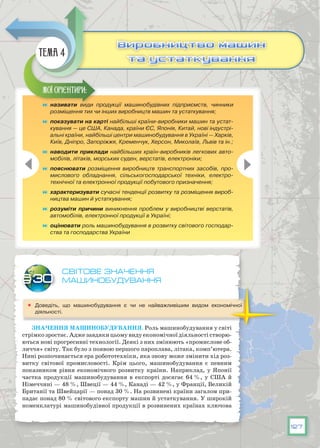 127
	 називати види продукції машинобудівних підприємств, чинники
розміщення тих чи інших виробництв машин та устаткування;
	 показувати на карті найбільші країни-виробники машин та устат-
кування — це США, Канада, країни ЄС, Японія, Китай, нові індустрі-
альні країни, найбільші центри машинобудування в Україні — Харків,
Київ, Дніпро, Запоріжжя, Кременчук, Херсон, Миколаїв, Львів та ін.;
	 наводити приклади найбільших країн-виробників легкових авто-
мобілів, літаків, морських суден, верстатів, електроніки;
	 пояснювати розміщення виробництв транспортних засобів, про-
мислового обладнання, сільськогосподарської техніки, електро-
технічної та електронної продукції побутового призначення;
	 характеризувати сучасні тенденції розвитку та розміщення вироб-
ництва машин й устаткування;
	 розуміти причини виникнення проблем у виробництві верстатів,
автомобілів, електронної продукції в Україні;
	 оцінювати роль машинобудування в розвитку світового господар-
ства та господарства України
Мої орієнтири:
Виробництво машин
та устаткування
Виробництво машин
та устаткування
Тема 4
Світове значення
машинобудування
	 Доведіть, що машинобудування є чи не найважливішим видом економічної
діяльності.
Значення машинобудування. Роль машинобудування у світі
стрімкозростає.Аджезавдякицьомувидуекономічноїдіяльностістворю-
ються нові прогресивні технології. Деякі з них змінюють «промислове об-
личчя» світу. Так було з появою першого пароплава, літака, комп’ютера.
Нині розпочинається ера робототехніки, яка знову може змінити хід роз-
витку світової промисловості. Крім цього, машинобудування є певним
показником рівня економічного розвитку країни. Наприклад, у Японії
частка продукції машинобудування в експорті досягає 64 %, у США й
Німеччині — 48 %, Швеції — 44 %, Канаді — 42 %, у Франції, Великій
Британії та Швейцарії — понад 30 %. На розвинені країни загалом при-
падає понад 80 % світового експорту машин й устаткування. У широкій
номенклатурі машинобудівної продукції в розвинених країнах ключова
§30
 