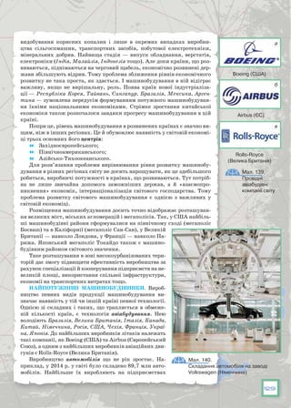 129
Мал. 140.
Складання автомобіля на заводі
Volkswagen (Німеччина)
видобування корисних копалин і лише в окремих випадках виробни-
цтва сільгоспмашин, транспортних засобів, побутової електротехніки,
мінеральних добрив. Найвища стадія — випуск обладнання, верстатів,
електроніки (Індія, Малайзія, Індонезія тощо). Але доки країни, що роз-
виваються, піднімаються на черговий щабель, економічно розвинені дер-
жави збільшують відрив. Тому проблема зближення рівнів економічного
розвитку не така проста, як здається. І машинобудування в ній відіграє
важливу, якщо не вирішальну, роль. Поява країн нової індустріаліза-
ції — Республіка Корея, Тайвань, Сингапур, Бразилія, Мексика, Арген-
тина — зумовлена передусім формуванням потужного машинобудуван-
ня їхніми національними економіками. Стрімке зростання китайської
економіки також розпочалося завдяки прогресу машинобудування в цій
країні.
Попри це, рівень машинобудування в розвинених країнах є значно ви-
щим, ніж в інших регіонах. Це й обумовлює наявність у світовій економі-
ці трьох основних його центрів:
	 Західноєвропейського;
	 Північноамериканського;
	 Азійсько-Тихоокеанського.
Для розв’язання проблеми вирівнювання рівня розвитку машинобу-
дування в різних регіонах світу не досить нарощувати, як це здебільшого
робиться, виробничі потужності в країнах, що розвиваються. Тут потріб-
на не лише звичайна допомога заможніших держав, а й «взаємопро-
никнення» економік, інтернаціоналізація світового господарства. Тому
проблема розвитку світового машинобудування є однією з важливих у
світовій економіці.
Розміщення машинобудування досить точно відображає розташуван-
ня великих міст, міських агломерацій і мегаполісів. Так, у США найбіль-
ші машинобудівні райони сформувалися на північному сході (мегаполіс
Босваш) та в Каліфорнії (мегаполіс Сан-Сан), у Великій
Британії — навколо Лондона, у Франції — навколо Па-
рижа. Японський мегаполіс Токайдо також є машино-
будівним районом світового значення.
Таке розташування в зоні високоурбанізованих тери-
торій дає змогу підвищити ефективність виробництва за
рахунок спеціалізації й кооперування підприємств на не-
великій площі, використання спільної інфраструктури,
економії на транспортних витратах тощо.
Найпотужніші машинобудівники. Вироб-
ництво певних видів продукції машинобудування ви-
значає наявність у тій чи іншій країні певної технології.
Однією зі складних і таких, що трапляється в обмеже-
ній кількості країн, є технологія авіабудування. Нею
володіють Бразилія, Велика Британія, Італія, Канада,
Китай, Німеччина, Росія, США, Чехія, Франція, Украї-
на, Японія. До найбільших виробників літаків належать
такі компанії, як Воеing (США) та Airbus (Європейський
Союз), а одним з найбільших виробників авіаційних дви-
гунів є Rolls-Royce (Велика Британія).
Виробництво автомобілів що не рік зростає. На-
приклад, у 2014 р. у світі було складено 89,7 млн авто-
мобілів. Найбільше їх виробляють на підприємствах
Мал. 139.
Провідні
авіабудівні
компанії світу
Boeing (США)
Airbus (ЄС)
Rolls-Royce
(Велика Британія)
а
б
в
 