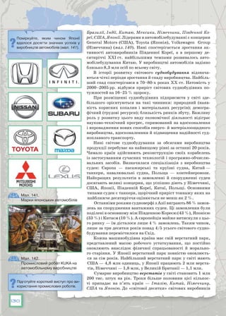 130
Бразилії, Індії, Китаю, Мексики, Німеччини, Південної Ко-
реї, США, Японії. Лідерами в автомобілебудуванні є концерни
General Motors (США), Toyota (Японія), Volkswagen Group
(Німеччина) (мал. 140). Нині спостерігається зростання ак-
тивності автовиробників Південної Кореї, а в першому де-
сятиріччі ХХІ ст. найбільшими темпами розвивалось авто-
мобілебудування Китаю. У виробництві автомобілів задіяно
близько 8,3 млн осіб по всьому світу.
В історії розвитку світового суднобудування відзнача-
ються чіткі періоди зростання й спаду виробництва. Найбіль-
ший спад спостерігався в 70–80-х роках ХХ ст. Натомість у
2000–2005 рр. відбувся приріст світових суднобудівних по-
тужностей на 16–25 % щороку.
При розміщенні суднобудівних підприємств у світі зде-
більшого орієнтуються на такі чинники: природний (наяв-
ність корисних копалин і матеріальних ресурсів); демогра-
фічний (трудові ресурси); близькість ринків збуту. Важливу
роль у розвитку цього виду економічної діяльності відіграє
науково-технічний прогрес, спрямований на вдосконалення
і впровадження нових способів енерго- й матеріалоощадного
виробництва, вдосконаленння й підвищення надійності суд-
ноплавного транспорту.
Нині світове суднобудування за обсягами виробництва
продукції перебуває на найвищому рівні за останні 20 років.
Чимало країн здійснюють реконструкцію своїх корабелень
із застосуванням сучасних технологій і програмно-обчислю-
вальних засобів. Визначилася спеціалізація з виробництва
суден: Європа — пасажирські та круїзні судна, Китай —
танкери, навалювальні судна, Польща — контейнеровози.
Найкращих результатів в замовленні й спорудженні суден
досягають великі концерни, що успішно діють у Німеччині,
США, Японії, Південній Кореї, Китаї, Польщі. Основними
типами суден є танкери, щорічний приріст тоннажу яких на
найближче десятиріччя оцінюється не менш як 2 %.
Останніми роками судноверфі з Азії виграють 86 % замов-
лень на спорудження вантажних суден. Ці замовлення були
поділені в основному між Південною Кореєю (43 %), Японією
(33 %) і Китаєм (10 %). А європейців майже витиснули з цьо-
го ринку — їм дісталося лише 4 % замовлень. Таким чином,
лише за три десятки років понад 4/5 усього світового судно-
будування перемістилося на Схід.
Кожна машинобудівна країна має свій верстатний парк,
представлений масою робочого устаткування, що постійно
оновлюють внаслідок фізичної спрацьованості й морально-
го старіння. У Японії верстатний парк повністю оновлюєть-
ся за сім років. Найбільший верстатний парк у світі мають
США — 4,8 млн одиниць, у Японії працюють 2 млн верста-
тів, Німеччині — 1,8 млн, у Великій Британії — 1,1 млн.
Сумарне виробництво верстатів у світі становить 1 млн
200 тис. штук на рік. Трохи більше половини цієї кількос-
ті припадає на п’ять країн — Італію, Китай, Німеччину,
США та Японію. До «світової десятки» світових виробників
Мал. 141.
Марки японських автомобілів
Поміркуйте, яким чином Японії
вдалося досягти значних успіхів у
виробництві автомобілів (мал. 141).
Мал. 142.
Промисловий робот KUKA на
автомобільному виробництві
Підготуйте короткий виступ про ви-
користання промислових роботів.
 