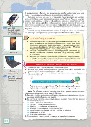 138
Мал. 155.
Касовий апарат,
вироблений
на «Електронмаш»
Мал. 156.
Продукція компанії
«Навігатор»
Смартфон
Планшет-
трансформер
й підприємство «Мусон», які випускають засоби радіозв’язку для мор­
ського транспорту та глобальної морської системи безпеки.
Київське науково-виробниче об’єднання «Електронмаш» на базі про-
цесорів Pentium розпоча­ло випускати нові комп’ютери. Разом із електро-
механічним заводом «Магніт» (Канів) воно виробляє комп’ютерну тех-
ніку на базі процесорів Intel. Налагоджено також випуск вітчизняних
електронних контрольно-касових апаратів (до 200 тис. на рік) (мал. 155),
автомати­зованих робочих місць з оформлення паспортів для потреб МВС
України.
Повний спектр комп’ютерних систем в Україні виробляє компанія
«Навігатор» під торговою маркою Impression Electronics (мал. 156).
ДІЛОВИЙ ЩОДЕННИК
1.	 Найбільші центри важкого машинобудування України — Харків, Кри-
вий Ріг, Краматорськ; автомобілебудування — Запоріжжя, Київ, Львів;
сільськогосподарського машинобудування — Дніпро, Херсон, Кро-
пивницький, Біла Церква, Тернопіль; суднобудівні центри — Миколаїв
і Херсон; приладобудування — Київ, Львів, Ужгород.
2.	 Більшість підприємств важкого машинобудування охоплюють усі
основні етапи машинобудівного виробничу циклу: заготовку, оброб-
ку, складання.
3.	 Транспортне, енергетичне та сільськогосподарське машинобудуван-
ня можуть стати перспективними напрямами машинобудування за
умов сприятливої економічної ситуації та державної підтримки.
ЗНАЮ, РОЗУМІЮ, ВМІЮ ПОЯСНИТИ
1.	 Схарактеризуйте структуру машинобудування України.
2.	 Центром яких видів машинобудування є Харків? Підготуйте розповідь про
машинобудівні підприємства Харкова та Дніпра.
3.	 Яка роль транспортного та сільськогосподарського машинобудування
в економіці країни?
ПРАКТИЧНА РОБОТА 7
Позначення на контурній карті України центрів виробництва
транспортних засобів та пояснення чинників їх розміщення
Мета: Засобами практичної діяльності закріпити знання про розташуван-
ня машинобудівних центрів на території Украни.
1.	Визначте техніко-економічні особливості та принципи розміщення підпри-
ємств автомобілебудування в Україні.
2. На контурній карті пунсонами відповідних кольорів позначте такі основні
центри виробництва:
	 синім — легкових автомобілів;
	 жовтим — автобусів і тролейбусів;
	 червоним — вантажних автомобілів;
	 зеленим — автодвигунів і запасних частин;
	 фіолетовим – залізничних потягів, вагонів та цистерн;
	 блакитним — літаків;
	 бузковим — морських суден.
3. Проаналізуйте територіальну структуру автомобілебудування.
а
б
 