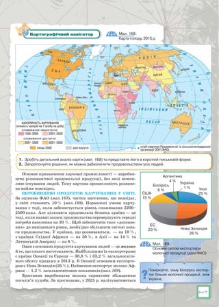 147
Основне призначення харчової промисловості — виробни-
цтво різноманітної продовольчої продукції, без якої немож-
ливе існування людей. Тому харчова промисловість розвине-
на майже повсюдно.
Виробництво продуктів харчування у світі.
За оцінкою ФАО (мал. 167), частка населення, що недоїдає,
у світі становить 10 % (мал. 168). Нормальні умови харчу-
вання є тоді, коли забезпечується рівень споживання 2200–
2500 ккал. Але цілковита продовольча безпека країни — це
тоді, коли наявні запаси продовольства перевершують середні
потреби населення на 30 %. Щоб забезпечити таке «доповне-
ння» до нинішнього рівня, необхідно збільшити світові запа-
си продовольства. У країнах, що розвиваються,  — на 18 %,
у країнах Східної Африки — на 50 %, в Азії — на 14 % та
Латинській Америці — на 8 %.
Одинзосновнихпродуктівхарчуваннялюдей—цемолоко
й те, що з нього виготовляють. Найбільшими їх експортерами
є країни Океанії та Європи — 30,8 % і 33,2 % загальносвіто-
вого обсягу продажу в 2013 р. В Океанії основним експорте-
ром є Нова Зеландія (26 %). Найменше експортує молоко Аф-
рика — 1,2 % загальносвітових показників (мал. 169).
Зростання виробництва молока сприятиме збільшенню
поголів’я худоби. За прогнозами, у 2025 р. налічуватиметься
Мал. 168.
Карта голоду, 2015 р.
Картографічний навігатор
1. Зробіть детальний аналіз карти (мал. 168) та представте його в короткій письмовій формі.
2. Запропонуйте рішення, як можна забезпечити продовольством усіх людей.
Поміркуйте, чому Білорусь експор-
тує більше молочної продукції, аніж
Україна.
Мал. 169.
Основні світові експортери
молочної продукції (дані ФAO)
Інші
25 %США
15 %
Білорусь
6 %
Аргентина
4 %
Україна
1 %
Нова Зеландія
26 %
ЄС
23 %
 