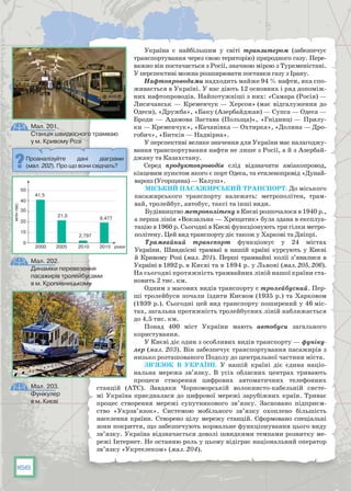 166
Україна є найбільшим у світі транзитером (забезпечує
транспортування через свою територію) природного газу. Пере-
важно він постачається з Росії, значною мірою з Туркменістані.
У перспективі можна розширювати поставки газу з Ірану.
Нафтопроводами надходить майже 94 % нафти, яка спо-
живається в Україні. У нас діють 12 основних і ряд допоміж-
них нафтопроводів. Найпотужніші з них: «Самара (Росія) —
Лисичанськ — Кременчук — Херсон» (має відгалуження до
Одеси), «Дружба», «Баку (Азербайджан) — Супса — Одеса —
Броди — Адамова Застава (Польща)», «Гнідинці — Прилу-
ки — Кременчук», «Качанівка — Охтирка», «Долина — Дро-
гобич», «Битків — Надвірна».
У перспективі велике значення для України має налагоджу-
вання транспортування нафти не лише з Росії, а й з Азербай-
джану та Казахстану.
Серед продуктопроводів слід відзначити аміакопровод,
кінцевим пунктом якого є порт Одеса, та етиленопровід «Дунай-
варош (Угорщина) — Калуш».
Міський пасажирський транспорт. До міського
пасажирського транспорту належать: метрополітен, трам-
вай, тролейбус, автобус, таксі та інші види.
Будівництво метрополітену в Києві розпочалося в 1940 р.,
а перша лінія «Вокзальна — Хрещатик» була здана в експлуа-
тацію в 1960 р. Сьогодні в Києві функціонують три гілки метро-
політену. Цей вид транспорту діє також у Харкові та Дніпрі.
Трамвайний транспорт функціонує у 24 містах
України. Швидкісні трамваї в нашій країні курсують у Києві
й Кривому Розі (мал. 201). Перші трамвайні колії з’явилися в
Україні в 1892 р. в Києві та в 1894 р. у Львові (мал. 205, 206).
На сьогодні протяжність трамвайних ліній нашої країни ста-
новить 2 тис. км.
Одним з масових видів транспорту є тролейбусний. Пер-
ші тролейбуси почали їздити Києвом (1935 р.) та Харковом
(1939 р.). Сьогодні цей вид транспорту поширений у 46 міс-
тах, загальна протяжність тролейбусних ліній наближається
до 4,5 тис. км.
Понад 400 міст України мають автобуси загального
користування.
У Києві діє один з особливих видів транспорту — фуніку-
лер (мал. 203). Він забезпечує транспортування пасажирів з
низько розташованого Подолу до центральної частини міста.
Зв’язок в Україні. У  нашій країні діє єдина націо-
нальна мережа зв’язку. В  усіх обласних центрах тривають
процеси створення цифрових автоматичних телефонних
станцій (АТС). Завдяки Чорноморській волокнисто-кабельній систе-
мі Україна приєдналася до цифрової мережі зарубіжних країн. Триває
процес створення мережі супутникового зв’язку. Засновано підприєм-
ство «Укрзв’язок». Системою мобільного зв’язку охоплено більшість
населення країни. Створено цілу мережу станцій. Сформовано спеціальні
зони покриття, що забезпечують нормальне функціонування цього виду
зв’язку. Україна відзначається доволі швидкими темпами розвитку ме-
режі Інтернет. Не останню роль у цьому відіграє національний оператор
зв’язку «Укртелеком» (мал. 204).
Мал. 203.
Фунікулер
в м. Києві
Мал. 202.
Динаміки перевезення
пасажирів тролейбусами
в м. Кропивницькому
Проаналізуйте дані діаграми
(мал. 202). Про що вони свідчать?
50
41,5
21,0
2,797
9,477
2000 2005 2010 2015 роки
40
30
20
10
0
Мал. 201.
Станція швидкісного трамваю
у м. Кривому Розі
 