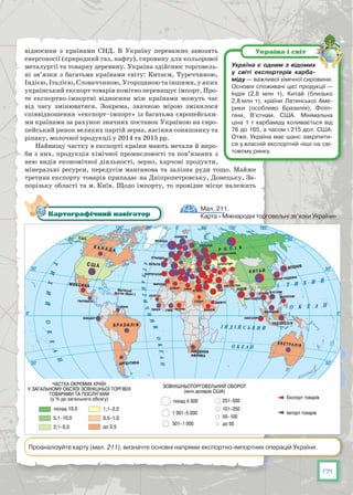171
відносини з країнами СНД. В  Україну переважно завозять
енергоносії (при­родний газ, нафту), сировину для кольорової
металургії та товарну деревину. Україна здійснює торговель-
ні зв’язки з багатьма країнами світу: Китаєм, Туреччиною,
Індією, Італією, Словаччиною, Угорщиною та іншими, у яких
український експорт товарів помітно перевищує імпорт. Про-
те експортно-імпортні відносини між країнами можуть час
від часу змінюватися. Зокрема, значною мірою змінилося
співвідношення «експорт–імпорт» із багатьма європейськи-
ми країнами за рахунок значних поставок Україною на євро-
пейський ринок великих партій зерна, насіння соняшнику та
ріпаку, молочної продукції у 2014 та 2015 рр.
Найвищу частку в експорті країни мають метали й виро-
би з них, продукція хімічної промисловості та пов’язаних з
нею видів економічної діяльності, зерно, харчові продукти,
мінеральні ресурси, передусім манганова та залізна руди тощо. Майже
третина експорту товарів припадає на Дніпропетровську, Донецьку, За-
порізьку області та м. Київ. Щодо імпорту, то провідне місце належить
Україна є одним з відомих
у світі експортерів карба­
міду — важливої хімічної сировини.
Основні споживачі цієї продукції —
Індія (2,8 млн т), Китай (близько
2,8 млн т), країни Латинської Аме-
рики (особливо Бразилія), Філіп-
піни, В’єтнам, США. Мінімальна
ціна 1 т карбаміду коливається від
76 до 165, а часом і 215 дол. США.
Отже, Україна має шанс закріпити-
ся у власній експортній ніші на сві-
товому ринку.
Україна і світ
Мал. 211.
Карта « Міжнародні торговельні зв’язки України»Картографічний навігатор
Проаналізуйте карту (мал. 211), визначте основні напрями експортно-імпортних операцій України.
 