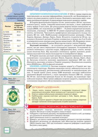 186
Мал. 232.
Емблема МОЗ
України
Пріоритет освіти й науки в Україні. У XXI ст. триває перехід від
індустріальних до науково-інформаційних технологій, які безпосередньо за-
лежать від рівня розвитку освіти й науки. Освіченість населення нині є осно-
вним показником прогресу й передумовою подальшого розвитку країни.
В Україні функціонують близько 15 тис. дошкільних і 20 тис. загально-
освітніх (шкіл, ліцеїв, гімназій) навчальних закладів, у яких здобувають
освіту майже 5 млн учнів. Діє розгалужена мережа вищих навчальних за-
кладів (ВНЗ), які поділяються на ВНЗ І — ІІ рівнів акредитації (коледжі,
технікуми, училища) та ВНЗ ІІІ–IV рівнів акредитації (академії, універ-
ситети, інститути). Чисельність професорсько-викладацького складу ста-
новить 80 тис. осіб. Найбільшими університетськими центрами є Київ,
Харків, Донецьк, Дніпро, Одеса, Львів. Кількість студентів на 10 тис. на-
селення в більшості регіонів України коливається в межах від 2 до 9 осіб,
в університетських центрах вона значно вища (табл. 32). Координує діяль-
ність освітніх закладів України Міністерство освіти і науки України.
Науковий потенціал — це сукупність ресурсів і можливостей сфери
науки, що дає змогу вирішувати господарські завдання. Складовими на­
укового потенціалу є наукові кадри, інформаційна база, кошти, матері-
ально-технічна база. Від наукового потенціалу країни залежить розмі-
щення наукомістких видів господарства та невиробничої сфери.
В Україні науково-дослідні центри зосереджені переважно у великих
економічних і культурних центрах: Києві, Харкові, Дніпрі, Одесі, Льво-
ві. Загальна кількість наукових працівників перевищує 500 тис. осіб.
Діяльність наукових установ в Україні координує Національна академія
наук (НАН) (мал. 231) та фахові академії.
Охорона здоров’я. Система охорони здоров’я в Україні має три­
ступінчасту структуру. Надання медичних послуг забезпечується на міс-
цевому (локальному), регіональному (обласному) та національному рів-
нях. У  нашій країні діють понад 2500 медичних закладів здебільшого
державної форми власності, у яких працюють близько 200 тис. лікарів.
На 10 тис. населення припадає більш як 45 лікарів, що відповідає євро-
пейським нормам. Нині триває реформа охорони здоров’я, спрямована на
поліпшення медичного обслуговування населення.
ДІЛОВИЙ ЩОДЕННИК
1.	 Наука, освіта, охорона здоров’я є складовими соціальної сфери
національної економіки. Вони належать до її третинного сектора.
2.	 Освіта є найрентабельнішим напрямом соціальної сфери.
3.	 Найбільшими науково-освітніми центрами є Київ, Харків, Дніпро,
Одеса, Львів.
4.	 Система охорони здоров’я в Україні має розгалужену мережу медичних
закладів і належним чином задовольняє потреби населення.
ЗНАЮ, РОЗУМІЮ, ВМІЮ ПОЯСНИТИ
1.	 Схарактеризуйте структуру третинного сектора національної економіки
України. Яке місце в ньому посідають освіта й наука?
2.	 Побудуйте стовпчикову діаграму, яка відображала б кількість осіб, що відвіду­
ють дошкільні й загальноосвітні навчальні заклади.
3.	 Дайте визначення поняття «науковий потенціал».
4.	 Доведіть, що освіта є пріоритетним напрямом третинного сектора економіки.
5.	 Дізнайтеся детальніше на офіційному сайті Міністерства охорони здоров’я
(МОЗ) України (мал. 232) про особливості медичної реформи в нашій країні.
Висловіть свою думку.
Регіон
Кількість
студентів
на 10 тис.
населення
м. Київ 47,8
Харківська
область
33,2
Дніпро-
петровська
область
20,0
Одеська
область
16,7
Львівська
область
16,0
Таблиця 32.
Потенціал вищої освіти
в окремих регіонах
України
Мал. 231.
Емблема НАН
України
 