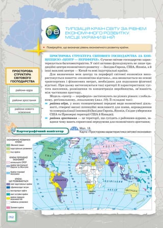 32
Типізація країн світу за рівнем
економічного розвитку.
місце України в ній
	 Поміркуйте, що визначає рівень економічного розвитку країни.
Просторова структура світового господарства за кон-
цепцією «Центр — периферія». Сучасне світове господарство харак-
теризується багатовекторністю. У світі активно функціонують не лише тра-
диційні центри економічного розвитку — Західна Європа, США, Японія, а й
інші важливі центри — Китай та нові індустріальні країни.
Для визначення меж центру та периферії світової економіки вико-
ристовується поняття «економічна відстань», яка визначається на основі
транспортних і фінансових витрат, необхідних для подолання фізичної
відстані. При цьому застосовуються такі критерії й характеристики: гус-
тота населення, розміщення та концентрація виробництва, зв’язаність
між частинами простору.
Модель «центр — периферія» застосовують на різних рівнях: глобаль-
ному, регіональному, локальному (мал. 18). Її складові такі:
	 райони-ядра, у яких сконцентровані передові види економічної діяль-
ності, створені високі потенційні можливості для появи, впровадження
та комерціалізації інновацій (Західна Європа, Японія, Східне узбережжя
США та Приозерні території США й Канади);
	 райони зростання — це території, що сусідять з районами-ядрами, за-
вдяки чому мають сприятливі передумови для економічного зростання;
§ 8
Мал. 18.
Карта «Просторова характеристика світової економіки»Картографічний навігатор
райони-ядра
райони нового
освоєння
райони зростання
Просторова
структура
світового
господарства
 