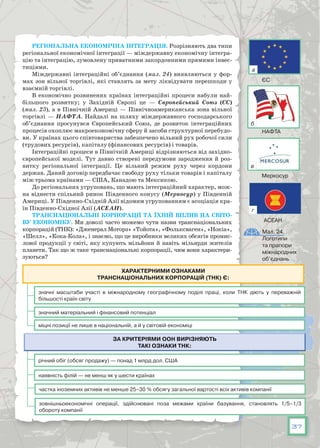 37
Регіональна економічна інтеграція. Розрізняють два типи
регіональної економічної інтеграції — міждержавну економічну інтегра-
цію та інтеграцію, зумовлену приватними закордонними прямими інвес-
тиціями.
Міждержавні інтеграційні об’єднання (мал. 24) виявляються у фор-
мах зон вільної торгівлі, які ставлять за мету ліквідувати перешкоди у
взаємній торгівлі.
В економічно розвинених країнах інтеграційні процеси набули най-
більшого розвитку; у Західній Європі це — Європейський Союз (ЄС)
(мал. 23), а в Північній Америці — Північноамериканська зона вільної
торгівлі — НАФТА. Найдалі на шляху міждержавного господарського
об’єднання просунувся Європейський Союз, де розвиток інтеграційних
процесів охоплює макроекономічну сферу й засоби структурної перебудо-
ви. У країнах цього співтовариства забезпечено вільний рух робочої сили
(трудових ресурсів), капіталу (фінансових ресурсів) і товарів.
Інтеграційні процеси в Північній Америці відрізняються від західно-
європейської моделі. Тут давно створені передумови зародження й роз­
витку регіональної інтеграції. Це вільний режим руху через кордони
держав. Даний договір передбачає свободу руху тільки товарів і капіталу
між трьома країнами — США, Канадою та Мексикою.
До регіональних угруповань, що мають інтеграційний характер, мож-
на віднести спільний ринок Південного конусу (Меркосур) у Південній
Америці. У Південно-Східній Азії відомим угрупованням є асоціація кра-
їн Південно-Східної Азії (АСЕАН).
Транснаціональні корпорації та їхній вплив на світо-
ву економіку. Ми доволі часто можемо чути назви транснаціональних
корпорацій (ТНК): «Дженерал Моторз» «Тойота», «Фолькс­ваген», «Нокіа»,
«Шелл», «Кока-Кола», і знаємо, що це виробники великих обсягів промис-
лової продукції у світі, яку купують мільйони й навіть мільярди жителів
планети. Так що ж таке транснаціональні корпорації, чим вони характери-
зуються?
значні масштаби участі в міжнародному географічному поділі праці, коли ТНК діють у переважній
більшості країн світу
міцні позиції не лише в національній, а й у світовій економіці
річний обіг (обсяг продажу) — понад 1 млрд дол. США
частка іноземних активів не менше 25–30 % обсягу загальної вартості всіх активів компанії
наявність філій — не менш як у шести країнах
зовнішньоекономічні операції, здійснювані поза межами країни базування, становлять 1/5–1/3
обороту компанії
значний матеріальний і фінансовий потенціал
Характерними ознаками
транснаціональних корпорацій (ТНК) є:
Мал. 24.
Логотипи
та прапори
міжнародних
об’єднань
ЄС
НАФТА
Меркосур
АСЕАН
а
б
в
г
 