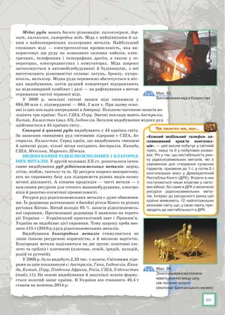 81
Мідні руди мають багато різновидів: халькопірит, бор-
нит, халькозин, самородна мідь. Мідь є найціннішим й од-
ним з найпоширеніших кольорових металів. Найбільший
споживач міді  — електротехнічна промисловість, яка ви-
користовує цю руду як компонент силових кабелів, елек-
тричних, телефонних і телеграфних дро­тів, а також у ге-
нераторах, електродвигунах і комутаторах. Мідь широко
застосовується в автомобілебудуванні й будівництві, з неї
виготовляють різноманітні сплави: латунь, бронзу, купро-
нікель, мельхіор. Мідна руда перева­жно збагачується в міс-
цях видобування, потім рудний концентрат відправляють
на міделиварний комбінат і далі — на рафінування з метою
отримання чистої червоної міді.
У 2000 р. загальні світові запаси міді оцінювали у
894,98 млн т, підтверджені — 664, 2 млн т. При цьому осно-
вні із цих покладів зосереджені в Америці. Більшою частиною запасів во-
лодіють три країни: Чилі, США, Перу. Значні поклади мають Австралія,
Китай, Казахстан (мал. 83), Індонезія. Загалом видобування мідних руд
здійснюється в 45 країнах світу.
Свинцеві й цинкові руди видобувають у 43 країнах світу.
За запасами свинцевих руд світовими лідерами є США, Ав-
стралія, Казахстан. Серед країн, що видобувають свинцеві
й цинкові руди, чільні місця посідають Австралія, Канада,
США, Мексика, Марокко, Швеція.
Видобування рідкісноземельних і благород-
них металів. У другій половині ХХ ст. розпочалося інтен-
сивне видобування руд рідкісноземельних металів: церію,
літію, ніо­бію, танталу та ін. Ці ресурси широко використову-
ють як сировинну базу для підприємств різних видів еконо-
мічної діяльності. А кінцева продукція — чисті метали — є
важливим ресурсом для точного машинобудування, електро-
ніки й ракетно-космічної промисловості.
Ресурси руд рідкісноземельних металів є дуже обмежени-
ми. Їх родовища розташовані в басейні річки Конго та різних
регіонах Китаю. Китай володіє 95 % запасів рідкісноземель-
ної сировини. Прогнозовані родовища її виявлено на терито-
рії України — Український кристалічний щит і Приазов’я.
Україна не видобуває цієї сировини. Тому щороку треба вво-
зити 115 т (2010 р.) руд рідкісноземельних металів.
Видобування благородних металів стимулюється не
лише їхньою ресурсною корисністю, а й високою вартістю.
Благородні метали поділяються на дві групи: коштовні (зо-
лото та срібло) і платинові (платина, осмій, іридій, паладій,
родій та рутеній).
У 2008 р. було видобуто 2,33 тис. т золота. Світовими ліде-
рами за цим показником є: Австралія, Ґана, Індонезія, Кана-
да, Китай, Перу, Південна Африка, Росія, США, Узбекистан
(табл. 11). На основі видобування й закупівлі золота форму-
ється золотий запас країни. В України він становить 40,4 т
станом на жовтень 2014 р.
Мал. 83.
Виплавлення міді в Казахстані
Мал. 84.
Золоті музейні експонати
мають значно вищу ціну,
ніж технічне золото
(експонат Британського музею)
«Кожний мобільний телефон за­
плямований кров’ю конголез­
ців», — цей вислів побутує у світовій
пресі, науці та й у побутових розмо-
вах. Річ у тім, що нестабільність рин-
ку рідкісноземельних металів, які є
сировиною для створення сучасних
ґаджетів, призвели до 1-ї, а потім 2-ї
конголезьких воєн у Демократичній
Республіці Конго (ДРК). Втрати в них
поступаються лише втратам у світо-
вих війнах. Бо саме в ДРК є величезні
ресурси рідкісноземельних мета-
лів. Інте­рес до ресурсного ринку цієї
країни виявляють 12 найпотужніших
економік світу, що, у свою чергу, при-
зводить до нестабільності в ДРК.
Чи знаєте ви, що…
 