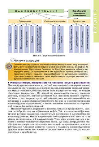 РОЗДІЛРОЗДІЛ33
141
Історія географії
 Різноманітність підприємств та чинники їхнього розміщення.
Ìàøèíîáóäóâàííÿ íàëåæèòü äî ãàëóçåé òàê çâàíîãî âіëüíîãî ðîçìіùåííÿ,
îñêіëüêè íà íüîãî ìåíøå, íіæ íà іíøі ãàëóçі, âïëèâàþòü ïðèðîäíі ÷èííè-
êè. Îäíàê є ÷èííèêè, áåç óðàõóâàííÿ ÿêèõ ïіäïðèєìñòâà ãàëóçі íå ìîæóòü
åôåêòèâíî ðîçâèâàòèñÿ. Öå íàÿâíіñòü âèñîêîêâàëіôіêîâàíèõ òðóäîâèõ
ðåñóðñіâ, áëèçüêіñòü íàóêîâî-äîñëіäíèõ áàç, íàÿâíіñòü ñó÷àñíîї âèðîáíè-
÷îї áàçè – òèõ çíàðÿäü ïðàöі, ÿêі çàáåçïå÷óþòü âèñîêîòåõíîëîãі÷íå âè-
ðîáíèöòâî â ìàøèíîáóäіâíîìó êîìïëåêñі, áåç íèõ íå ìîæå іñíóâàòè æîäíå
ìàøèíîáóäіâíå ïіäïðèєìñòâî, à òàêîæ íàÿâíіñòü ñïîæèâà÷à òà ñèðîâèí-
íèé ÷èííèê (íàÿâíіñòü ìåòàëó).
Ìàøèíîáóäóâàííÿ, ïîðіâíÿíî ç іíøèìè ãàëóçÿìè ïðîìèñëîâîñòі, çàãà-
ëîì ïîòðåáóє áіëüøå êâàëіôіêîâàíèõ êàäðіâ. Òàê, íà âèñîêîêâàëіôіêîâàíі
òðóäîâі ðåñóðñè íàñàìïåðåä îðієíòóþòüñÿ åëåêòðîííå é åëåêòðîòåõíі÷íå
ìàøèíîáóäóâàííÿ. Îäíàê âèðîáíèöòâî íàéïðîãðåñèâíіøîї òåõíіêè є íå
òіëüêè òðóäîìіñòêèì, à é íàóêîìіñòêèì. Òîìó âîíî êîíöåíòðóєòüñÿ â ðà-
éîíàõ ç âèñîêî ðîçâèíóòîþ íàóêîâîþ áàçîþ. Äî ìіñöü çîñåðåäæåííÿ êâà-
ëіôіêîâàíèõ êàäðіâ òÿæіþòü òàêîæ òàêі ãàëóçі, ÿê òðàíñïîðòíå òà âåðñòà-
òîáóäóâàííÿ. Ñòðіìêèé ðîçâèòîê òî÷íîãî і ñêëàäíîãî ìàøèíîáóäóâàííÿ
çóìîâèâ âèíèêíåííÿ òåõíîïîëіñіâ, äå äîñÿãíåííÿ íàóêè øâèäêî âïðîâà-
äæóþòüñÿ ó âèðîáíèöòâî.
Значний внесок у розвиток машинобудування як галузі знань, виду інженерної
діяльності та проектування машин зробив визначний вчений, винахідник та
інженер епохи Відродження Леонардо да Вінчі. Його винаходи набагато ви-
передили епоху. До найвідоміших з них відносяться проекти ливарної печі,
прокатного стану, ткацьких, деревообробних та друкарських верстатів,
підводного човна та акваланга, танка, серії планерів, парашута, машини, що
рухається самостійно, та інших.
Промислове Сільськогосподарське Транспортне
М А Ш И Н О Б У Д У В А Н Н Я Виробництво
предметів
споживання
Енергетичне
Верстатобудування
Приладобудування
Автомобілебудування
Електротехнічне
Суднобудування
Хімічне
Літакобудування
Тракторне
Устаткуваннядлялегкої
тахарчовоїпромисловості
Локомотивобудування
Виробництвоіншихс/г
машин
Мал. 69. Галузі машинобудування
 