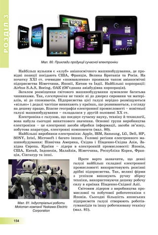 РОЗДІЛРОЗДІЛ33
1111555444
Мал. 80. Приклади продукції сучасної електроніки
Íàéáіëüø âóçüêèì є «êëóá» àâіàêîñìі÷íîãî ìàøèíîáóäóâàííÿ, äå ïðî-
âіäíі ïîçèöії ïîñіäàþòü ÑØÀ, Ôðàíöіÿ, Âåëèêà Áðèòàíіÿ òà Ðîñіÿ. Íà
ïî÷àòêó XXI ñò. î÷åâèäíå «ïîæâàâëåííÿ» ïðîÿâèëè òàêîæ àâіàêîñìі÷íі
ïіäïðèєìñòâà Íіìå÷÷èíè, ßïîíії, Êèòàþ òà Іíäії. Íàéáіëüøі êîðïîðàöії:
Airbus S.A.S, Boeing, ÎÀÊ (Îá’єäíàíà àâіàáóäіâíà êîðïîðàöіÿ).
Çàãàëîì ðîçìіùåííÿ ñâіòîâîãî ìàøèíîáóäóâàííÿ çóìîâëåíå áàãàòüìà
÷èííèêàìè. Òàê, åëåêòðîíіêà íå òÿæіє íі äî äæåðåë ñèðîâèíè ÷è ìàòåðі-
àëіâ, íі äî ñïîæèâà÷іâ. Ïіäïðèєìñòâà öієї ãàëóçі íåðіäêî ðîçìіùóþòüñÿ
«âіëüíî» і äåäàëі ÷àñòіøå âèíèêàþòü ó êðàїíàõ, ùî ðîçâèâàþòüñÿ, ç îãëÿäó
íà äåøåâó ïðàöþ. Âëàñíå ãåîãðàôіÿ åëåêòðîííîї ïðîìèñëîâîñòі – íîâіòíüîї
ãàëóçі ìàøèíîáóäóâàííÿ – ñêëàäàëàñÿ ó äðóãіé ïîëîâèíі ÕÕ ñò.
Åëåêòðîíіêà є ãàëóççþ, ùî ïîєäíóє ñó÷àñíó íàóêó, òåõíіêó é òåõíîëîãії,
âîíà íàáóëà ñüîãîäíі âèíÿòêîâîãî çíà÷åííÿ. Îñíîâíі ãðóïè âèðîáíèöòâà
åëåêòðîíіêè – öå åëåêòðîííі çàñîáè îáðîáêè іíôîðìàöії, çàñîáè çâ’ÿçêó,
ïîáóòîâà àïàðàòóðà, åëåêòðîííі êîìïîíåíòè (ìàë. 80).
Íàéáіëüøі âèðîáíèêè åëåêòðîíіêè: Apple, IBM, Samsung, LG, Dell, HP,
SONY, Intel, Microsoft і áàãàòî іíøèõ. Ãîëîâíі ðåãіîíè åëåêòðîííîãî ìà-
øèíîáóäóâàííÿ: Ïіâíі÷íà Àìåðèêà, Ñõіäíà і Ïіâäåííî-Ñõіäíà Àçіÿ, Çà-
õіäíà Єâðîïà. Êðàїíè – ëіäåðè â åëåêòðîííіé ïðîìèñëîâîñòі: ßïîíіÿ,
ÑØÀ, Êèòàé, Іíäîíåçіÿ, Ìàëàéçіÿ, Íіìå÷÷èíà, Ðåñïóáëіêà Êîðåÿ, Ôðàí-
öіÿ, Ñіíãàïóð òà іíøі.
Ïðîòå âàðòî çàçíà÷èòè, ùî äåÿêі
ãàëóçі íàéáіëüø ñêëàäíîї åëåêòðîííîї
ïðîìèñëîâîñòі âèêîðèñòîâóþòü ðîçñіÿíі
äðіáíі ïіäïðèєìñòâà. Òàê, âåëèêі ôіðìè
ç óñïіõîì âèêîíóþòü ðó÷íó çáіðêó
òåõíіêè, âèêîðèñòîâóþ÷è äåøåâó ðîáî÷ó
ñèëó â êðàїíàõ Ïіâäåííî-Ñõіäíîї Àçії.
Ñâіòîâèì ëіäåðîì ç âèðîáíèöòâà ïðî-
ìèñëîâîї òà ïîáóòîâîї ðîáîòîòåõíіêè є
ßïîíіÿ. Ñüîãîäíі áіëüøіñòü ÿïîíñüêèõ
ïіäïðèєìñòâ ãàëóçі ñòâîðþþòü ðîáîòіâ-
ãóìàíîїäіâ òà іíøó ðîáîòèçîâàíó òåõíіêó
(ìàë. 81).
Мал. 81. Індустріальні роботи
Motoman компанії Yaskawa Electric
Corporation
 