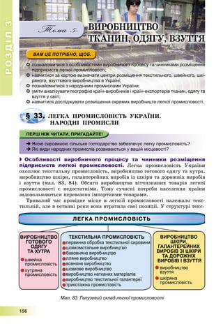 РОЗДІЛРОЗДІЛ33
1111555666
 познайомитися з особливостями виробничого процесу та чинниками розміщення
підприємств легкої промисловості;
 навчитися за картою визначати центри розміщення текстильного, швейного, шкі-
ряного, взуттєвого виробництва в Україні;
 познайомитися з народними промислами України;
 уміти аналізувати географію країн-виробників і країн-експортерів тканин, одягу та
взуття у світі;і і
 навчитися досліджувати розміщення окремих виробництв легкої промисловості.
ËÅÃÊÀ ÏÐÎÌÈÑËÎÂІÑÒÜ ÓÊÐÀЇÍÈ.
ÍÀÐÎÄÍІ ÏÐÎÌÈÑËÈ
 Якою сировиною сільське господарство забезпечує легку промисловість?
 Які види народних промислів розвиваються у вашій місцевості?
 Особливості виробничого процесу та чинники розміщення
підприємств легкої промисловості. Ëåãêà ïðîìèñëîâіñòü Óêðàїíè
îõîïëþє òåêñòèëüíó ïðîìèñëîâіñòü, âèðîáíèöòâî ãîòîâîãî îäÿãó òà õóòðà,
âèðîáíèöòâî øêіðè, ãàëàíòåðåéíèõ âèðîáіâ іç øêіðè òà äîðîæíіõ âèðîáіâ
і âçóòòÿ (ìàë. 83, 84). Îáñÿãè âèðîáíèöòâà âіò÷èçíÿíèõ òîâàðіâ ëåãêîї
ïðîìèñëîâîñòі є íåäîñòàòíіìè. Òîìó ñó÷àñíі ïîòðåáè íàñåëåííÿ êðàїíè
çàäîâîëüíÿþòüñÿ ïåðåâàæíî іìïîðòíèìè òîâàðàìè.
Òðèâàëèé ÷àñ ïðîâіäíå ìіñöå â ëåãêіé ïðîìèñëîâîñòі íàëåæàëî òåêñ-
òèëüíіé, àëå â îñòàííі ðîêè âîíà âòðàòèëà ñâîї ïîçèöії. Ó ñòðóêòóðі òåêñ-
Мал. 83. Галузевий склад легкої промисловості
§ 33. Ë
ÂÈÐÎÁÍÈÖÒÂÎ
ÒÊÀÍÈÍ, ÎÄßÃÓ, ÂÇÓÒÒß
 