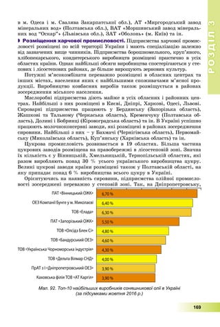 РОЗДІЛРОЗДІЛ33
169
â ì. Îäåñà і ì. Ñâàëÿâà Çàêàðïàòñüêîї îáë.), ÀÒ «Ìèðãîðîäñüêèé çàâîä
ìіíåðàëüíèõ âîä» (Ïîëòàâñüêà îáë.), ÂÀÒ «Ìîðøèíñüêèé çàâîä ìіíåðàëü-
íèõ âîä “Îñêàð”» (Ëüâіâñüêà îáë.), ÇÀÒ «Îáîëîíü» (ì. Êèїâ) òà іí.
 Розміщення харчової промисловості. Ïіäïðèєìñòâà õàð÷îâîї ïðîìèñ-
ëîâîñòі ðîçìіùåíі ïî âñіé òåðèòîðії Óêðàїíè і ìàþòü ñïåöіàëіçàöіþ çàëåæíî
âіä çàçíà÷åíèõ âèùå ÷èííèêіâ. Ïіäïðèєìñòâà áîðîøíîìåëüíîãî, êðóï’ÿíîãî,
õëіáîïåêàðñüêîãî, êîíäèòåðñüêîãî âèðîáíèöòâ ðîçìіùåíі ïðàêòè÷íî â óñіõ
îáëàñòÿõ êðàїíè. Îäíàê íàéáіëüøі îáñÿãè âèðîáíèöòâà ñïîñòåðіãàþòüñÿ ó ñòå-
ïîâèõ і ëіñîñòåïîâèõ ðàéîíàõ, äå áіëüøå âèðîùóþòü çåðíîâèõ êóëüòóð.
Ïîòóæíі ì’ÿñîêîìáіíàòè ïåðåâàæíî ðîçìіùåíі â îáëàñíèõ öåíòðàõ òà
іíøèõ ìіñòàõ, íàñåëåííÿ ÿêèõ є íàéáіëüøèìè ñïîæèâà÷àìè ì’ÿñíîї ïðî-
äóêöії. Âèðîáíèöòâî êîâáàñíèõ âèðîáіâ òàêîæ ðîçìіùóєòüñÿ â ðàéîíàõ
çîñåðåäæåííÿ ìіñüêîãî íàñåëåííÿ.
Ìàñëîðîáíі ïіäïðèєìñòâà äіþòü ìàéæå â óñіõ îáëàñíèõ і ðàéîííèõ öåí-
òðàõ. Íàéáіëüøі ç íèõ ðîçìіùåíі â Êèєâі, Äíіïðі, Õàðêîâі, Îäåñі, Ëüâîâі.
Ñèðîâàðíі ïіäïðèєìñòâà ïðàöþþòü ó Áåðäÿíñüêó (Çàïîðіçüêà îáëàñòü),
Æàøêîâі òà Òàëüíîìó (×åðêàñüêà îáëàñòü), Êðåìåí÷óêó (Ïîëòàâñüêà îá-
ëàñòü), Äîëèíі і Áîáðèíöі (Êіðîâîãðàäñüêà îáëàñòü) òà іí. Â Óêðàїíі óñïіøíî
ïðàöþþòü ìîëî÷íîêîíñåðâíі çàâîäè, ÿêі ðîçìіùåíі â ðàéîíàõ çîñåðåäæåííÿ
ñèðîâèíè. Íàéáіëüøі ç íèõ – ó Áàõìà÷і (×åðíіãіâñüêà îáëàñòü), Ïåðâîìàé-
ñüêó (Ìèêîëàїâñüêà îáëàñòü), Êóï’ÿíñüêó (Õàðêіâñüêà îáëàñòü) òà іí.
Öóêðîâà ïðîìèñëîâіñòü ðîçâèâàєòüñÿ â 19 îáëàñòÿõ. Áіëüøà ÷àñòèíà
öóêðîâèõ çàâîäіâ ðîçìіùåíà íà ïðàâîáåðåææі â ëіñîñòåïîâіé çîíі. Çíà÷íà
їõ êіëüêіñòü є ó Âіííèöüêіé, Õìåëüíèöüêіé, Òåðíîïіëüñüêіé îáëàñòÿõ, ÿêі
ðàçîì âèðîáëÿþòü ïîíàä 30 % óñüîãî óêðàїíñüêîãî âèðîáíèöòâà öóêðó.
Âåëèêі öóêðîâі çàâîäè êðàїíè ðîçìіùåíі òàêîæ ó Ïîëòàâñüêіé îáëàñòі, íà
ÿêó ïðèïàäàє ïîíàä 6 % âèðîáíèöòâà âñüîãî öóêðó â Óêðàїíі.
Îðієíòóþ÷èñü íà íàÿâíіñòü ñèðîâèíè, ïіäïðèєìñòâà îëіéíîї ïðîìèñëî-
âîñòі çîñåðåäæåíі ïåðåâàæíî ó ñòåïîâіé çîíі. Òàê, íà Äíіïðîïåòðîâñüêó,
Мал. 92. Топ-10 найбільших виробників соняшникової олії в Україні
(за підсумками жовтня 2016 р.)
 