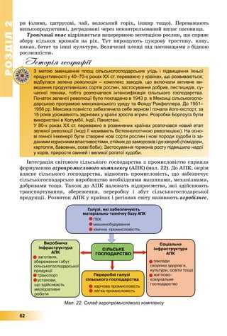 РОЗДІЛ22
62
ðè (îëèâè, öèòðóñîâі, ÷àé, âîëîñüêèé ãîðіõ, іíæèð òîùî). Ïåðåâàæàþòü
íèçüêîïðîäóêòèâíі, äåãðàäîâàíі ÷åðåç íåêîíòðîëüîâàíèé âèïàñ ïàñîâèùà.
Òðîïі÷íèé ïîÿñ âіäðіçíÿєòüñÿ íåïåðåðâíîþ âåãåòàöієþ ðîñëèí, ùî ñïðèÿє
çáîðó êіëüêîõ âðîæàїâ íà ðіê. Òóò âèðîùóþòü öóêðîâó òðîñòèíó, êàâó,
êàêàî, áàòàò òà іíøі êóëüòóðè. Âåëè÷åçíі ïëîùі ïіä ïàñîâèùàìè ç áіäíîþ
ðîñëèííіñòþ.
Історія географії
Іíòåãðàöіÿ ñâіòîâîãî ñіëüñüêîãî ãîñïîäàðñòâà ç ïðîìèñëîâіñòþ ñïðèÿëà
ôîðìóâàííþ àãðîïðîìèñëîâîãî êîìïëåêñó (ÀÏÊ) (ìàë. 22). Äî ÀÏÊ, îêðіì
âëàñíå ñіëüñüêîãî ãîñïîäàðñòâà, âіäíîñÿòü ïðîìèñëîâіñòü, ùî çàáåçïå÷óє
ñіëüñüêîãîñïîäàðñüêå âèðîáíèöòâî íåîáõіäíèìè ìàøèíàìè, ìåõàíіçìàìè,
äîáðèâàìè òîùî. Òàêîæ äî ÀÏÊ íàëåæàòü ïіäïðèєìñòâà, ÿêі çäіéñíþþòü
òðàíñïîðòóâàííÿ, çáåðåæåííÿ, ïåðåðîáêó і çáóò ñіëüñüêîãîñïîäàðñüêîї
ïðîäóêöії. Ðîçâèòîê ÀÏÊ ó êðàїíàõ і ðåãіîíàõ ñâіòó íàçèâàþòü àãðîáіçíåñ.
Мал. 22. Склад агропромислового комплексу
З метою зменшення площ сільськогосподарських угідь і підвищення їхньої
продуктивності у 40–70-х роках ХХ ст. переважно у країнах, що розвиваються,
відбулася зелена революція – комплекс заходів, що включали активне ви-я
ведення продуктивніших сортів рослин, застосування добрив, пестицидів, су-
часної техніки, тобто розпочалася інтенсифікація сільського господарства.
Початок зеленої революції було покладено в 1943 р. в Мексиці сільськогоспо-
дарською програмою мексиканського уряду та Фонду Рокфеллера. До 1951–
1956 рр. Мексика повністю забезпечила себе зерном і почала його експорт, за
15 років урожайність зернових у країні зросла втричі. Розробки Борлоуга були
використані в Колумбії, Індії, Пакистані.
У 80-х роках XX ст. переважно в розвинених країнах розпочався новий етап
зеленої революції (іноді її називають біотехнологічною революцією). На осно-
ві генної інженерії були створені нові сорти рослин і нові породи худоби із за-
даними корисними властивостями, стійких до заморозків і до хвороб (помідори,
картопля, бавовник, соєві боби). Застосування гормонів росту підвищило надої
у корів, прирости свиней і великої рогатої худоби.
 