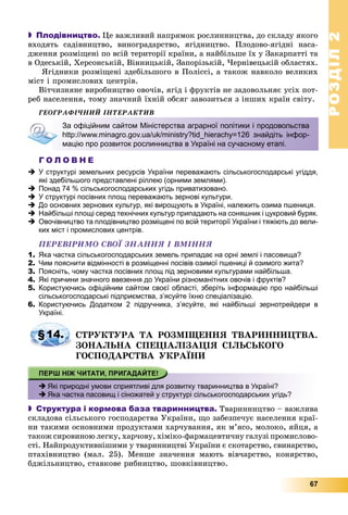 РОЗДІЛРОЗДІЛ22
67
 Плодівництво. Öå âàæëèâèé íàïðÿìîê ðîñëèííèöòâà, äî ñêëàäó ÿêîãî
âõîäÿòü ñàäіâíèöòâî, âèíîãðàäàðñòâî, ÿãіäíèöòâî. Ïëîäîâî-ÿãіäíі íàñà-
äæåííÿ ðîçìіùåíі ïî âñіé òåðèòîðії êðàїíè, à íàéáіëüøå їõ ó Çàêàðïàòòі òà
â Îäåñüêіé, Õåðñîíñüêіé, Âіííèöüêіé, Çàïîðіçüêіé, ×åðíіâåöüêіé îáëàñòÿõ.
ßãіäíèêè ðîçìіùåíі çäåáіëüøîãî â Ïîëіññі, à òàêîæ íàâêîëî âåëèêèõ
ìіñò і ïðîìèñëîâèõ öåíòðіâ.
Âіò÷èçíÿíå âèðîáíèöòâî îâî÷іâ, ÿãіä і ôðóêòіâ íå çàäîâîëüíÿє óñіõ ïîò-
ðåá íàñåëåííÿ, òîìó çíà÷íèé їõíіé îáñÿã çàâîçèòüñÿ ç іíøèõ êðàїí ñâіòó.
ÃÅÎÃÐÀÔІ×ÍÈÉ ІÍÒÅÐÀÊÒÈÂ
Г О Л О В Н Е
 У структурі земельних ресурсів України переважають сільськогосподарські угіддя,
які здебільшого представлені ріллею (орними землями).
 Понад 74 % сільськогосподарських угідь приватизовано.
 У структурі посівних площ переважають зернові культури.
 До основних зернових культур, які вирощують в Україні, належить озима пшениця.
 Найбільші площі серед технічних культур припадають на соняшник і цукровий буряк.
 Овочівництво та плодівництво розміщені по всій території України і тяжіють до вели-
ких міст і промислових центрів.
ÏÅÐÅÂІÐÈÌÎ ÑÂÎЇ ÇÍÀÍÍß І ÂÌІÍÍß
1. Яка частка сільськогосподарських земель припадає на орні землі і пасовища?
2. Чим пояснити відмінності в розміщенні посівів озимої пшениці й озимого жита?
3. Поясніть, чому частка посівних площ під зерновими культурами найбільша.
4. Які причини значного ввезення до України різноманітних овочів і фруктів?
5. Користуючись офіційним сайтом своєї області, зберіть інформацію про найбільші
сільськогосподарські підприємства, з’ясуйте їхню спеціалізацію.
6. Користуючись Додатком 2 підручника, з’ясуйте, які найбільші зернотрейдери в
Україні.
ÑÒÐÓÊÒÓÐÀ ÒÀ ÐÎÇÌІÙÅÍÍß ÒÂÀÐÈÍÍÈÖÒÂÀ.
ÇÎÍÀËÜÍÀ ÑÏÅÖІÀËІÇÀÖІß ÑІËÜÑÜÊÎÃÎ
ÃÎÑÏÎÄÀÐÑÒÂÀ ÓÊÐÀЇÍÈ
 Які природні умови сприятливі для розвитку тваринництва в Україні?
 Яка частка пасовищ і сіножатей у структурі сільськогосподарських угідь?
 Структура і кормова база тваринництва. Òâàðèííèöòâî – âàæëèâà
ñêëàäîâà ñіëüñüêîãî ãîñïîäàðñòâà Óêðàїíè, ùî çàáåçïå÷óє íàñåëåííÿ êðàї-
íè òàêèìè îñíîâíèìè ïðîäóêòàìè õàð÷óâàííÿ, ÿê ì’ÿñî, ìîëîêî, ÿéöÿ, à
òàêîæ ñèðîâèíîþ ëåãêó, õàð÷îâó, õіìіêî-ôàðìàöåâòè÷íó ãàëóçі ïðîìèñëîâî-
ñòі. Íàéïðîäóêòèâíіøèìè ó òâàðèííèöòâі Óêðàїíè є ñêîòàðñòâî, ñâèíàðñòâî,
ïòàõіâíèöòâî (ìàë. 25). Ìåíøå çíà÷åííÿ ìàþòü âіâ÷àðñòâî, êîíÿðñòâî,
áäæіëüíèöòâî, ñòàâêîâå ðèáíèöòâî, øîâêіâíèöòâî.
За офіційним сайтом Міністерства аграрної політики і продовольства
http://www.minagro.gov.ua/uk/ministry?tid_hierachy=126 знайдіть інфор-
мацію про розвиток рослинництва в Україні на сучасному етапі.
§14.
 
