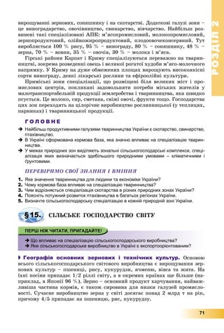 РОЗДІЛРОЗДІЛ22
71
âèðîùóâàííі çåðíîâèõ, ñîíÿøíèêó і íà ñêîòàðñòâі. Äîäàòêîâі ãàëóçі çîíè –
öå âèíîãðàäàðñòâî, îâî÷іâíèöòâî, ñâèíàðñòâî, âіâ÷àðñòâî. Íàéáіëüø ðîç-
âèíåíі òàêі ñïåöіàëіçîâàíі ÀÏÊ: ì’ÿñîïðîìèñëîâèé, ìîëîêîïðîìèñëîâèé,
çåðíîïðîäóêòîâèé, îëіéíîæèðîïðîäóêòîâèé, ïëîäîîâî÷åêîíñåðâíèé. Òóò
âèðîáëÿєòüñÿ 100 % ðèñó, 95 % – âèíîãðàäó, 80 % – ñîíÿøíèêó, 48 % –
çåðíà, 70 % – âîâíè, 35 % – îâî÷іâ, 30 % – ìîëîêà і ì’ÿñà.
Ãіðñüêі ðàéîíè Êàðïàò і Êðèìó ñïåöіàëіçóþòüñÿ ïåðåâàæíî íà òâàðèí-
íèöòâі, çîêðåìà ðîçâåäåííі îâåöü і âåëèêîї ðîãàòîї õóäîáè ì’ÿñî-ìîëî÷íîãî
íàïðÿìêó. Ó Êðèìó íà äóæå îáìåæåíèõ ïëîùàõ âèðîùóþòü âèñîêîÿêіñíі
ñîðòè âèíîãðàäó, äåÿêі ëіêàðñüêі ðîñëèíè òà åôіðîîëіéíі êóëüòóðè.
Ïðèìіñüêі çîíè ñïåöіàëіçàöії, ùî ðîçìіùåíі áіëÿ âåëèêèõ ìіñò і ïðî-
ìèñëîâèõ öåíòðіâ, ïîêëèêàíі çàäîâîëüíÿòè ïîòðåáè ìіñüêèõ æèòåëіâ ó
ìàëîòðàíñïîðòàáåëüíіé ïðîäóêöії çåìëåðîáñòâà і òâàðèííèöòâà, ÿêà øâèäêî
ïñóєòüñÿ. Öå ìîëîêî, ñèð, ñìåòàíà, ñâіæі îâî÷і, ôðóêòè òîùî. Ãîñïîäàðñòâà
öèõ çîí ïåðåõîäÿòü íà öіëîðі÷íå âèðîáíèöòâî ðîñëèííèöüêîї (ó òåïëèöÿõ,
ïàðíèêàõ) і òâàðèííèöüêîї ïðîäóêöії.
Г О Л О В Н Е
 Найбільш продуктивними галузями тваринництва України є скотарство, свинарство,
птахівництво.
 В Україні сформована кормова база, яка значно впливає на спеціалізацію тварин-
ництва.
 У межах природних зон виділяють зональні сільськогосподарські комплекси, спеці-
алізація яких визначається здебільшого природними умовами – кліматичними і
ґрунтовими.
ÏÅÐÅÂІÐÈÌÎ ÑÂÎЇ ÇÍÀÍÍß І ÂÌІÍÍß
1. Яке значення тваринництва для людини та економіки України?
2. Чому кормова база впливає на спеціалізацію тваринництва?
3. Чим відрізняється спеціалізація скотарства в різних природних зонах України?
4. Поясніть потужний розвиток птахівництва в багатьох регіонах України.
5. Визначте сільськогосподарську спеціалізацію в кожній природній зоні України.
ÑІËÜÑÜÊÅ ÃÎÑÏÎÄÀÐÑÒÂÎ ÑÂІÒÓ
 Що впливає на спеціалізацію сільськогосподарського виробництва?
 Яке сільськогосподарське виробництво в Україні є експортоорієнтованим?
 Географія основних зернових і технічних культур. Îñíîâîþ
âñüîãî ñіëüñüêîãîñïîäàðñüêîãî ñâіòîâîãî âèðîáíèöòâà є âèðîùóâàííÿ çåð-
íîâèõ êóëüòóð – ïøåíèöі, ðèñó, êóêóðóäçè, ÿ÷ìåíþ, âіâñà òà æèòà. Íà
їõíі ïîñіâè ïðèïàäàє 1/2 ðіëëі ñâіòó, à â îêðåìèõ êðàїíàõ ùå áіëüøå (íà-
ïðèêëàä, â ßïîíії 96 %). Çåðíî – îñíîâíèé ïðîäóêò õàð÷óâàííÿ, íàéâàæ-
ëèâіøà ÷àñòèíà êîðìіâ, є òàêîæ ñèðîâèíà äëÿ íèçêè ãàëóçåé ïðîìèñëî-
âîñòі. Ñó÷àñíå âèðîáíèöòâî çåðíà ó ñâіòі äîñÿãàє ïîíàä 2 ìëðä ò íà ðіê,
ïðè÷îìó 4/5 ïðèïàäàє íà ïøåíèöþ, ðèñ, êóêóðóäçó.
§15.
 