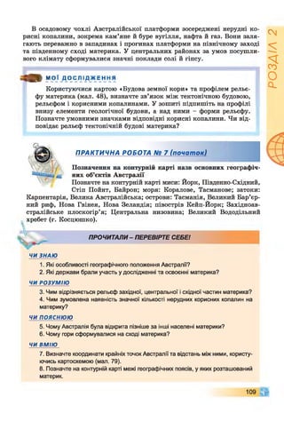 В осадовому чохлі Австралійської платформи зосереджені нерудні ко­
рисні копалини, зокрема кам’яне й буре вугілля, нафта й газ. Вони заля­
гають переважно в западинах і прогинах платформи на північному заході
та південному сході материка. У центральних районах за умов посушли­
вого клімату сформувалися значні поклади солі й гіпсу.
О » М О Ї Д О С Л І Д Ж Е Н Н Я
Користуючися картою «Будова земної кори» та профілем рельє­
фу материка (мал. 48), визначте зв’язок між тектонічною будовою,
рельєфом і корисними копалинами. У зошиті підпишіть на профілі
внизу елементи геологічної будови, а над ними - форми рельєфу.
Позначте умовними значками відповідні корисні копалини. Чи від­
повідає рельєф тектонічній будові материка?
ПРАКТИЧНА РОБОТА № 7 (почат ок)
Позначення на контурній карті назв основних географіч­
них об’єктів Австралії
Позначте на контурній карті миси: Йорк, Південно-Східний,
Стіп Пойнт, Байрон; моря: Коралове, Тасманове; затоки:
Карпентарія, Велика Австралійська; острови: Тасманія, Великий Бар’єр­
ний риф, Нова Гвінея, Нова Зеландія; півострів Кейп-Йорк; Західноав-
стралійське плоскогір’я; Центральна низовина; Великий Вододільний
хребет (г. Косцюшко).
 ПРОЧИТАЛИ- ПЕРЕВІРТЕ СЕБЕ!
ЧИ ЗНАЮ
1. Які особливості географічного положення Австралії?
2. Які держави брали участь у дослідженні та освоєнні материка?
ЧИ РОЗУМІЮ
3. Чим відрізняється рельєф західної, центральної і східної частин материка?
4. Чим зумовлена наявність значної кількості нерудних корисних копалин на
материку?
ЧИпояснюю
5. Чому Австралія була відкрита пізніше за інші населені материки?
6. Чому гори сформувалися на сході материка?
ЧИ ВМІЮ
7. Визначте координати крайніх точок Австралії та відстань між ними, користу­
ючись картосхемою (мал. 79).
8. Позначте на контурній карті межі географічних поясів, у яких розташований
материк.
109
РОЗДІЛ
2
 