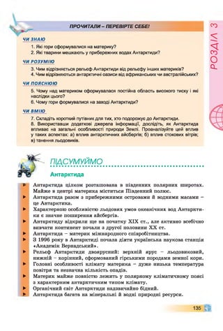 ПРОЧИТАЛИ - ПЕРЕВІРТЕ СЕБЕ!
ЧИ ЗНАЮ
1. Які гори сформувалися на материку?
2. Які тварини мешкають у прибережних водах Антарктиди?
ЧИ РОЗУМІЮ
3. Чим відрізняється рельєф Антарктиди від рельєфу інших материків?
4. Чим відрізняються антарктичні оазиси від африканських чи австралійських?
ЧИ пояснюю
5. Чому над материком сформувалася постійна область високого тиску і які
наслідки цього?
6. Чому гори формувалися на заході Антарктиди?
ЧИ ВМІЮ
7. Складіть короткий путівник для тих, хто подорожує до Антарктиди.
8. Використавши додаткові джерела інформації, дослідіть, як Антарктида
впливає на загальні особливості природи Землі. Проаналізуйте цей вплив
у таких аспектах: а) вплив антарктичних айсбергів; б) вплив стокових вітрів;
в) танення льодовиків.
підсумуймо
Антарктида
►
►
►
►
►
►
►
►
►
►
►
Антарктида цілком розташована в південних полярних широтах.
Майже в центрі материка міститься Південний полюс.
Антарктида разом з прибережними островами й водними масами -
це Антарктика.
Характерною особливістю льодових умов океанічних вод Антаркти­
ки є значне поширення айсбергів.
Антарктиду відкрили ще на початку XIX ст., але активно всебічно
вивчати континент почали з другої половини XX ст.
Антарктида - материк міжнародного співробітництва.
З 1996 року в Антарктиді почала діяти українська наукова станція
«Академік Вернадський».
Рельєф Антарктиди двоярусний: верхній ярус - льодовиковий,
нижній - корінний, сформований гірськими породами земної кори.
Головні особливості клімату материка - дуже низька температура
повітря та незначна кількість опадів.
Материк майже повністю лежить у полярному кліматичному поясі
з характерним антарктичним типом клімату.
Органічний світ Антарктиди надзвичайно бідний.
Антарктида багата на мінеральні й водні природні ресурси.
135 п
РОЗДІЛ
з
 
