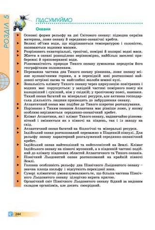 РОЗАІЛ
5
ПІДСУМУЙМО
Океани
►
►
►
►
►
►
►
►
►
►
►
►
►
►
►
►
►
Основні форми рельєфу на дні Світового океану: підводна окраїна
материка, ложе океану й серединно-океанічні хребти.
Великі об’єми води, що відрізняються температурою і солоністю,
називаються водними масами.
Розрізняють екваторіальні, тропічні, помірні й полярні водні маси.
Життя в океані розподілено нерівномірно, найбільш заселені при­
бережні й приповерхневі води.
Різноманітність природи Тихого океану зумовлена передусім його
географічним положенням.
Переважна частина дна Тихого океану рівнинна, ложе океану всі­
яне вулканічними горами, а в перехідній зоні розташовані най­
довші острівні пасма та найглибші жолоби земної кулі.
Зональність клімату Тихого океану через циркуляцію повітряних і
водних мас порушується: у західній частині помірного поясу він
холодніший і сухіший, ніж у східній; у тропічному поясі, навпаки.
Тихий океан багатий на мінеральні ресурси, але активна господар­
ська діяльність людини призводить до забруднення океану.
Атлантичний океан має подібне до Тихого широтне розташування.
Порівняно з Тихим океаном Атлантика має рівніше ложе, у якому
особливо вирізняється серединно-океанічний хребет.
Клімат Атлантики, як і клімат Тихого океану, надзвичайно різнома­
нітний і змінюється як з півночі на південь, так і із заходу на
схід.
Атлантичний океан багатий на біологічні та мінеральні ресурси.
Індійський океан розташований переважно в Південній півкулі. Для
рельєфу океану характерний розгалужений серединно-океанічний
хребет.
Індійський океан найтепліший та найсолоніший на Землі. Клімат
Індійського океану на півночі мусонний, а в південній частині подіб­
ний до клімату південних областей Атлантичного та Тихого океанів.
Північний Льодовитий океан розташований на крайній півночі
Землі.
Головна особливість рельєфу дна Північного Льодовитого океану -
значна площа шельфу і відсутність перехідної зони.
Суворі кліматичні умови зумовлюютьте, що більша частина Північ­
ного Льодовитого океану цілорічно вкрита кригою.
Органічний світ Північного Льодовитого океану бідний за видовим
складом організмів, але досить своєрідний.
244
 