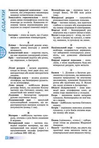 Д
О
Д
А
Т
К
И
Зональні природні комплекси - ком­
плекси, які утворилися насамперед
завдяки кліматичним умовам.
Зональність горизонтальна - послі­
довна зміна географічних поясів від
екватора до полюсів. Зумовлена го­
ловним чином нерівномірним роз­
поділом по широті сонячної енергії.
І
Ізотерма - лінія на карті, що з’єднує
місця з однаковою температурою.
К
Клімат —багаторічний режим атмо­
сферних явищ (погоди) у певній
місцевості.
Кліматичний пояс - широтна смуга,
що має відносно однорідний клімат.
Крік - тимчасовий водотік або річка,
що пересихає, в Австралії.
Л
Лісові ресурси - запаси деревини,
плоди та ягоди, інші дари лісу, які
використовує або може використати
людина.
Літосферна плита - велика ділянка
літосфери, що безперервно рухаєть­
ся по астеносфері.
Ложе океану - найбільша форма
рельєфу Землі, що охоплює більшу
частину дна Світового океану; має
океанічний тип земної кори.
Льодовик - багаторічне природне
рухоме скупчення льоду.
Льодовиковий щит - випуклий
куполоподібний льодовик, що ха­
рактеризується значною площею та
потужністю (понад 1 км).
М
Материк - найбільша частина сухо­
долу, оточена з усіх боків океанами
й морями.
Материковий схил - частина під­
водної окраїни материка, що має
материковий тип земної кори і є
продовженням шельфу (пересічно
до глибини 300-400 м).
258
Мезозойська ера - відтинок часу в
історії Землі, 70—
185 млн років
тому.
Мінеральні ресурси - сукупність
різноманітних корисних копалин.
Море - частина океану, яка вдається
глибоко в суходіл або відокремлена
від океану островами й півостровами.
Морські течії - безперервний рух
морських вод з одного місця в інше.
Мусон («пора року») - вітер, що вліт­
ку дме з океану на суходіл, а взим­
ку, навпаки, із суходолу на океан.
Н
Національний парк - територія, що
особливо охороняється державою,
тут заборонено господарську діяль­
ність, але дозволено обмежений
туризм.
Нерудні корисні копалини — копа­
лини, з яких видобувають будь-які
мінеральні ресурси, крім металів.
О
Оазиси - 1. Ділянки з багатою рос­
линністю в пустелях, що виникають
завдяки природному чи штучному
зволоженню, зумовлені близькістю
річки або ґрунтових вод. 2. Вільні
від льоду ділянки в Антарктиді.
Області складчастості - зони взає­
модії двох літосферних плит, де
земна кора зминається у складки.
Озеро - заповнена водою западина
суходолу, безпосередньо не пов’яза­
на з морем.
Океан - найбільша частина Світового
океану.
Острів - порівняно невелика ділянка
суходолу, з усіх боків оточена вода­
ми океану або моря.
П
Пампа («рівнина», «степ») —субтро­
пічні степи на рівнинах Південної
Америки.
Пасати - постійні вітри, що дмуть від
тропічної зони високого тиску до
екваторіальної зони низького тиску.
 