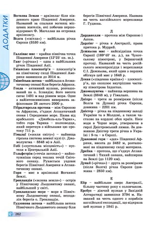 Д
О
Д
А
Т
К
И
Вогняна Земля - архіпелаг біля пів­
денного краю Південної Америки.
Названий за спалахи вогнищ міс­
цевих жителів, які побачив першо­
відкривач Ф. Магеллан на островах
архіпелагу.
Волга («світла») - найбільша річка
Європи (3530 км).
Г
Галлінас мис - крайня північна точка
Південної Америки (12°25' пн. ш.).
Ганг («річка») - одна з найбільших
річок Південної Азії.
Гвіанське плоскогір’я - плоскогір’я
на північному сході Південної Аме­
рики заввишки до 3014 м.
Гвінейськазатока—
найбільшавАтлан­
тичному океані біля берегівАфрики.
Гекла - активний вулкан, розташо­
ваний на о. Ісландія; його висота
сягає 1491 м над рівнем моря. Одне
з найінтенсивніших вивержень за­
фіксоване 28 лютого 2000 р.
Гібралтарська протока - між Європою
та Африкою, з’єднує Атлантичний
океан і Середземне море. Назва від
арабського «Джебель-аль-Тарик»,
тобто гора Тарика - полководця,
який перетнув з військами цю про­
току 711 р.
Гімалаї («оселя снігу») — найвища
гірська система земної кулі (г. Джо­
молунгма - 8848 м) в Азії.
Гобі («пустельна місцевість») - пус­
теля в Центральній Азії.
Гольфстрім («течія затоки») —найпо­
тужніша серед теплих течій Світо­
вого океану. Рухається уздовж
берегів Північної Америки в Атлан­
тичному океані.
Горн — мис в архіпелазі Вогняної
Землі.
Гренландія («зелена земля») - острів
у Північному Льодовитому океані,
найбільший у світі.
Гренландське море - море в Північ­
ному Льодовитому океані, непода­
лік берегів о. Гренландія.
Гудзонова затока - найбільша затока
Північного Льодовитого океану біля
берегів Північної Америки. Названа
на честь англійського мореплавця
Г. Гудзона.
д
Дарданелли - протока між Європою і
Азією.
Дарлінг - річка в Австралії, права
притока р. Муррей.
Дежньова мис - найсхідніша точка
Євразії (169°40' зх. д.), на Чукот­
ському півострові, у Беринговій
протоці. Названий на честь росій­
ського землепрохідця і мореплавця
С.І. Дежньова, який один з перших
обігнув цей мис у 1648 р.
Декан («південна країна») - плоскогі­
р’я, що охоплює внутрішню части­
ну півострова Індостан.
Джомолунгма - найвища вершина на
Землі (8848 м), у Гімалаях.
Дніпро —третя за розмірами (після
Волги та Дунаю) річка Європи,
довжина - 2201 км.
Дністер - річка на південному заході
України та в Молдові, а також ча­
стково на кордоні обох країн. Несе
води в Чорне море, утворюючи в
гирлі Дністровський лиман. За дов­
жиною Дністер третя річка в Укра­
їні і 9-та - в Європі.
Драконові гори - «дах» Південної Аф­
рики, висота до 3482 м, розташо­
вані на південному сході материка.
Дрейка - протока, що з’єднує Атлан­
тичний і Тихий океани, найширша
на Землі (до 1120 км).
Дунай («річка») - друга за розмірами
(після Волги) річка Європи (дов­
жина - 2850 км).
Е
Ейр - найбільше озеро Австралії,
більшу частину року є солончаком.
Еребус - діючий вулкан у Західній
Антарктиді заввишки 3794 м. На­
званий на честь одного з кораблів
англійської експедиції, що відкрила
цей вулкан у 1841 р.
262
 