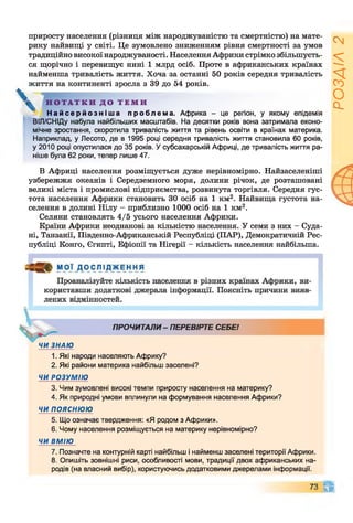 приросту населення (різниця між народжуваністю та смертністю) на мате­
рику найвищі у світі. Це зумовлено зниженням рівня смертності за умов
традиційно високої народжуваності. Населення Африки стрімко збільшуєть­
ся щорічно і перевищує нині 1 млрд осіб. Проте в африканських країнах
найменша тривалість життя. Хоча за останні 50 років середня тривалість
життя на континенті зросла з 39 до 54 років.
V Н О Т А Т К И Д О Т Е М И
Н а й с е р й о з н і ш а п р о б л е м а . Африка - це регіон, у якому епідемія
ВІЛ/СНІДу набула найбільших масштабів. На десятки років вона затримала еконо­
мічне зростання, скоротила тривалість життя та рівень освіти в країнах материка.
Наприклад, у Лесото, де в 1995 році середня тривалість життя становила 60 років,
у 2010 році опустилася до 35 років. У субсахарській Африці, де тривалість життя ра­
ніше була 62 роки, тепер лише 47.
В Африці населення розміщується дуже нерівномірно. Найзаселеніші
узбережжя океанів і Середземного моря, долини річок, де розташовані
великі міста і промислові підприємства, розвинута торгівля. Середня гус­
тота населення Африки становить ЗО осіб на 1 км2. Найвища густота на­
селення в долині Нілу - приблизно 1000 осіб на 1 км2.
Селяни становлять 4/5 усього населення Африки.
Країни Африки неоднакові за кількістю населення. У семи з них - Суда­
ні, Танзанії, Південно-Африканській Республіці (ПАР), Демократичній Рес­
публіці Конго, Єгипті, Ефіопії та Нігерії - кількість населення найбільша.
ЧИ ЗНАЮ
1. Які народи населяють Африку?
2. Які райони материка найбільш заселені?
ЧИ РОЗУМІЮ
3. Чим зумовлені високі темпи приросту населення на материку?
4. Як природні умови вплинули на формування населення Африки?
ЧИ пояснюю
5. Що означає твердження: «Я родом з Африки».
6. Чому населення розміщується на материку нерівномірно?
ЧИ ВМІЮ
7. Позначте на контурній карті найбільш і найменш заселені території Африки.
8. Опишіть зовнішні риси, особливості мови, традиції двох африканських на­
родів (на власний вибір), користуючись додатковими джерелами інформації.
73 п
РОЗДІЛ
2
 
