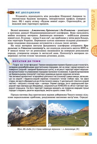 МОЇ Д О С Л І Д Ж Е Н Н Я
Установіть відповідність між рельєфом Південної Америки та
тектонічною будовою материка, використавши профіль поверхні
(мал. 58) і карту атласу «Будова земної кори». Спрогнозуйте, де
можливі нові горотворчі процеси.
Великі низовини - Амазонська, Орінокська і Ла-Платиська - розміщені
в прогинах давньої Південноамериканської платформи. Вони охоплюють
майже половину материка. Амазонська низовина - найбільша рівнина
земної кулі. Її площа - понад 5 млн км2, що приблизно у вісім разів більше,
ніж територія України. Переважно плоска низовина складена різноманіт­
ними осадовими відкладами потужністю в кілька тисяч метрів.
На сході материка виступи фундаменту платформи утворюють Бра­
зильське та Гвіанське плоскогір'я, що подекуди досягають висоти 3000 м.
У минулі епохи тут по розколинах виливалися на поверхню розплавлені
породи, утворюючи покрив із застиглої лави. Плоскогір’я материка по­
мережані густою сіткою численних річкових долин.
^ Н О Т А Т К И Д О Т Е М И
Г ори на п л а т ф о р м і . Такими своєрідними горами є Бразильське плоскогір’я,
складене докембрійськими кристалічними породами, які на сході і заході виходять на
поверхню (східний і західний бразильські щити), а на решті території вкриті морськи­
ми вулканічними та уламковими породами палеозою та мезозою. З давнім вулканізмом
на Бразильському плоскогір’ї пов’язані родовища рудних корисних копалин.
Час активної вулканічної та ерозійної діяльності на плоскогір’ї давно минув, залишив­
ши на східній і південно-східній окраїнах плоскогір’я типові глибові гори, так звані
с'єрри, які круто обриваються до Атлантичного океану. У центральній і північно-східній
частині - височать столові гори - шапади. Окремі шапади, як-от національний при­
родний парк Шапада-дус-Веадейрус, охороняються ЮНЕСКО як об’єкт Світової при­
родної спадщини. На його території подекуди виходять на поверхню кварцеві гірські
породи і спадають десятки водоспадів, висота одного з яких 120 м.
Гірська система Анд простяглася вздовж узбережжя Тихого океану кіль­
кома паралельними хребтами, розділеними високими нагір’ями. Середні
Мал. 59. Анди (1) і їхня найвища вершина - г. Аконкагуа (2)
РОЗДІЛ
2
 