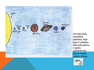 Ant lubų būtų
nupieštos
planetos. Kad
įėjus ir pakėlus
akis būtų įdomu
ir gražu
pažiūrėti kas
darosi klasės
vidaus viršuje.
 